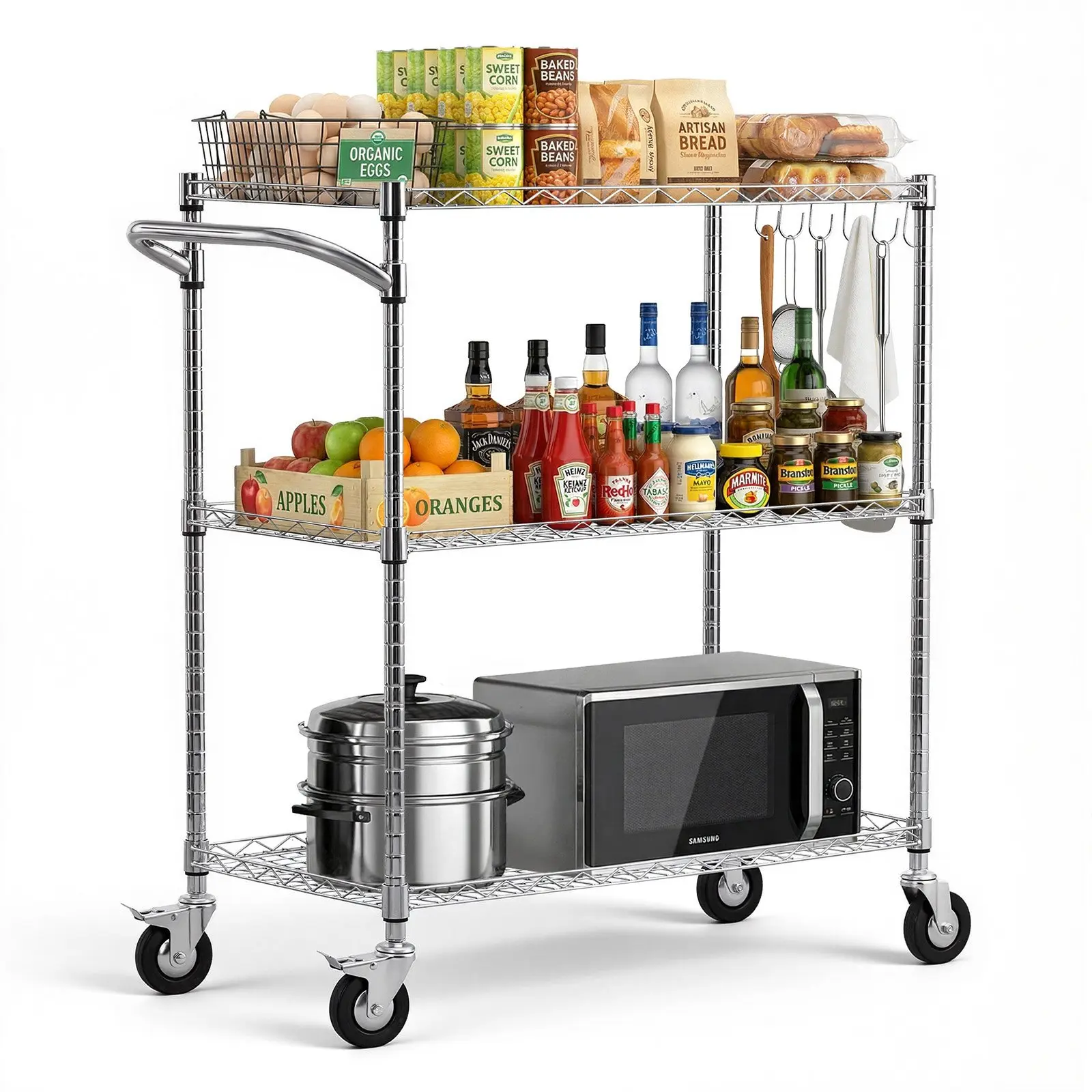 VEVOR Kitchen Utility Cart, 3 Tier Heavy Duty Adjustable Wire Storage Rack, Commercial Steel Rolling Service Trolley on Wheels, Work Table with Handle Bar, for Garage and Laundry Room, 35x17.8x40.9 in