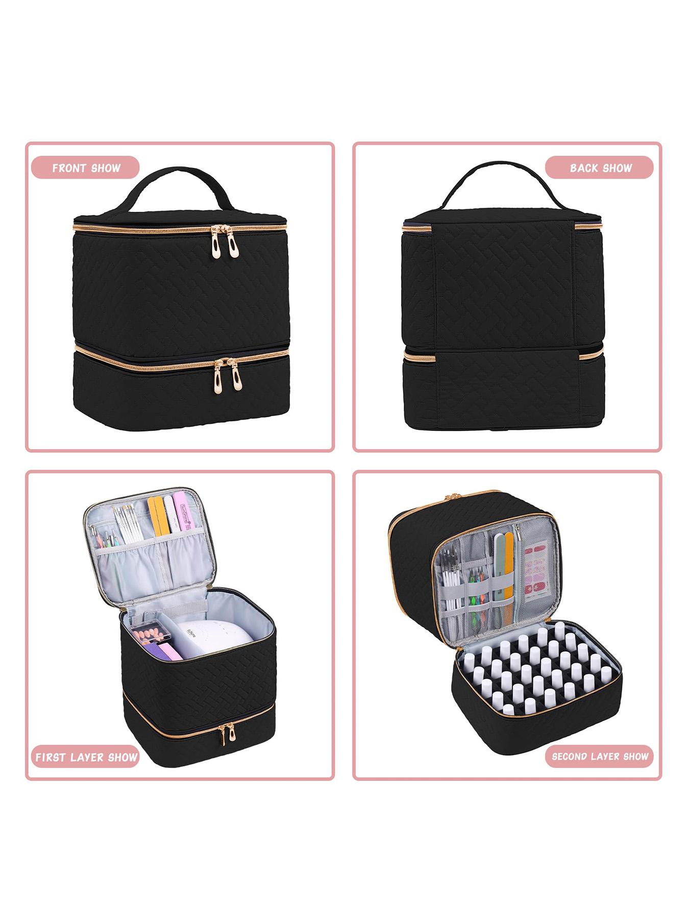 Double Quilted Nail Polish Storage Bag, Portable Nail Polish Nail Kit Supplies Organizer, Gel Nail Polish Carrying Case, Makeup Storage Bag, Holds 30 Bottles of Nail Polish