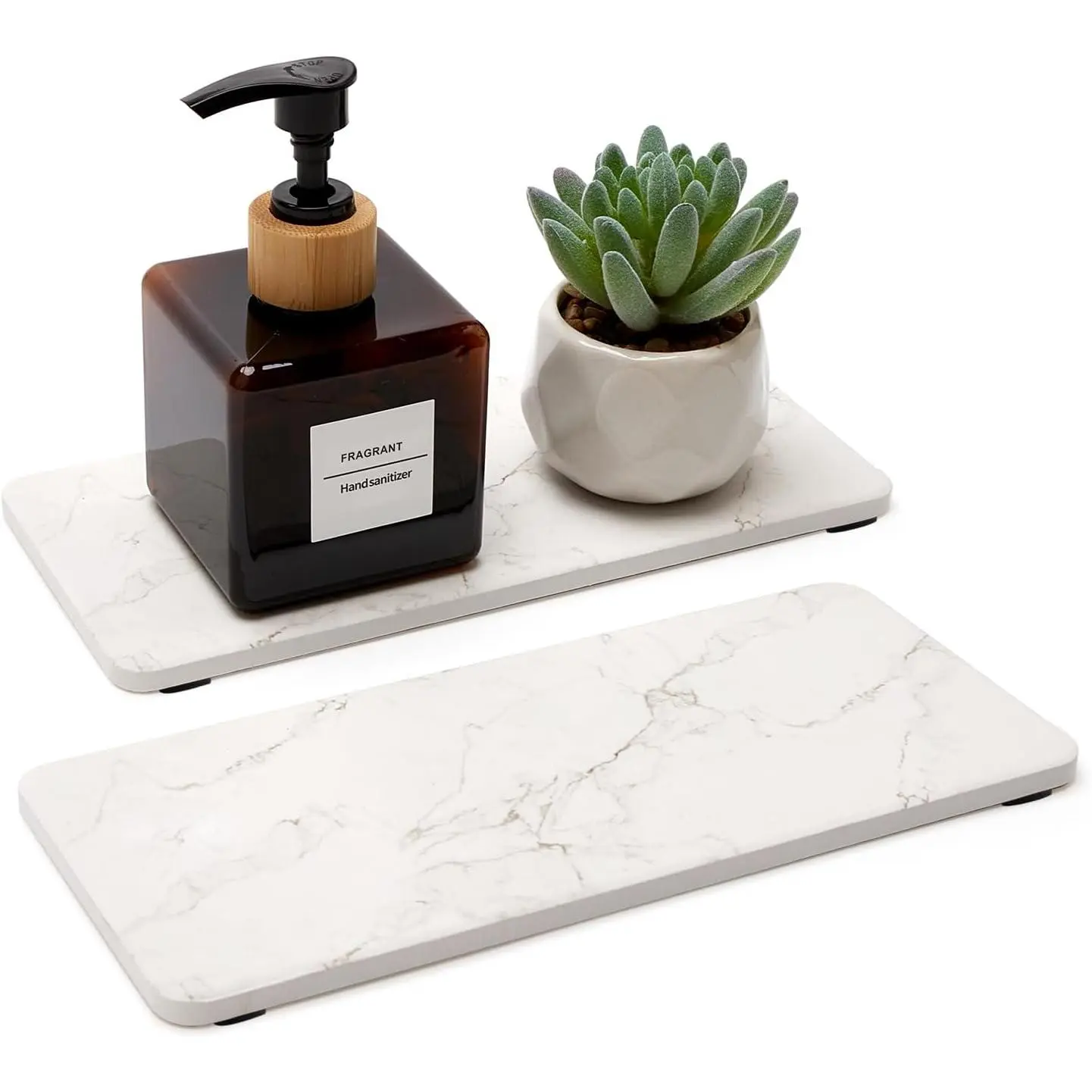 2 Pcs Water Absorbing Quick Dry Diatomite Stone Drying Trays, Marble Soap Dish Dispenser Sponge Holder Mat for Bathroom Sink Kitchen Counter Vanity, White