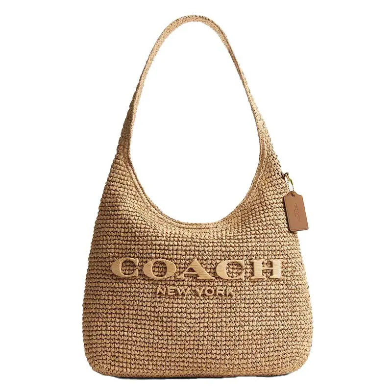 COACH Brooklyn 34 Magnetic Closure Straw-Embossed Refined Calfskin Shoulder Bag, Medium, Women, Light Brown