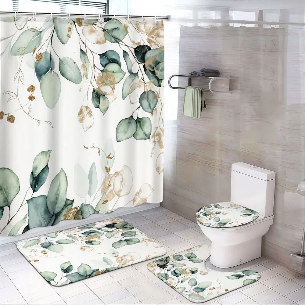 4pcs Eucalyptus Leaf Shower Curtain Set, Boho Green Botanical Floral Leaves Print, Vanity Bathroom Decor, Spa Calm Vibes, Thanksgiving Autumn Harvest Style, TikTok Hot Trending, Forest Shower Curtain