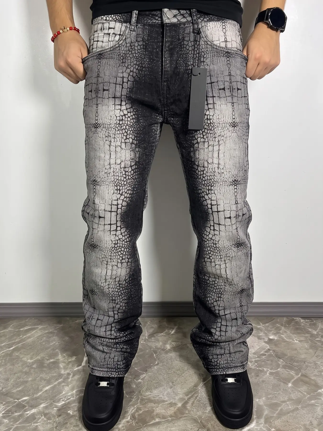 Y2K American Retro Crocodile Print Micro Flare Jeans for Men, Snake Skin Chain Full Print Washed Elastic High Street Slim Fit Long Pants, All Seasons