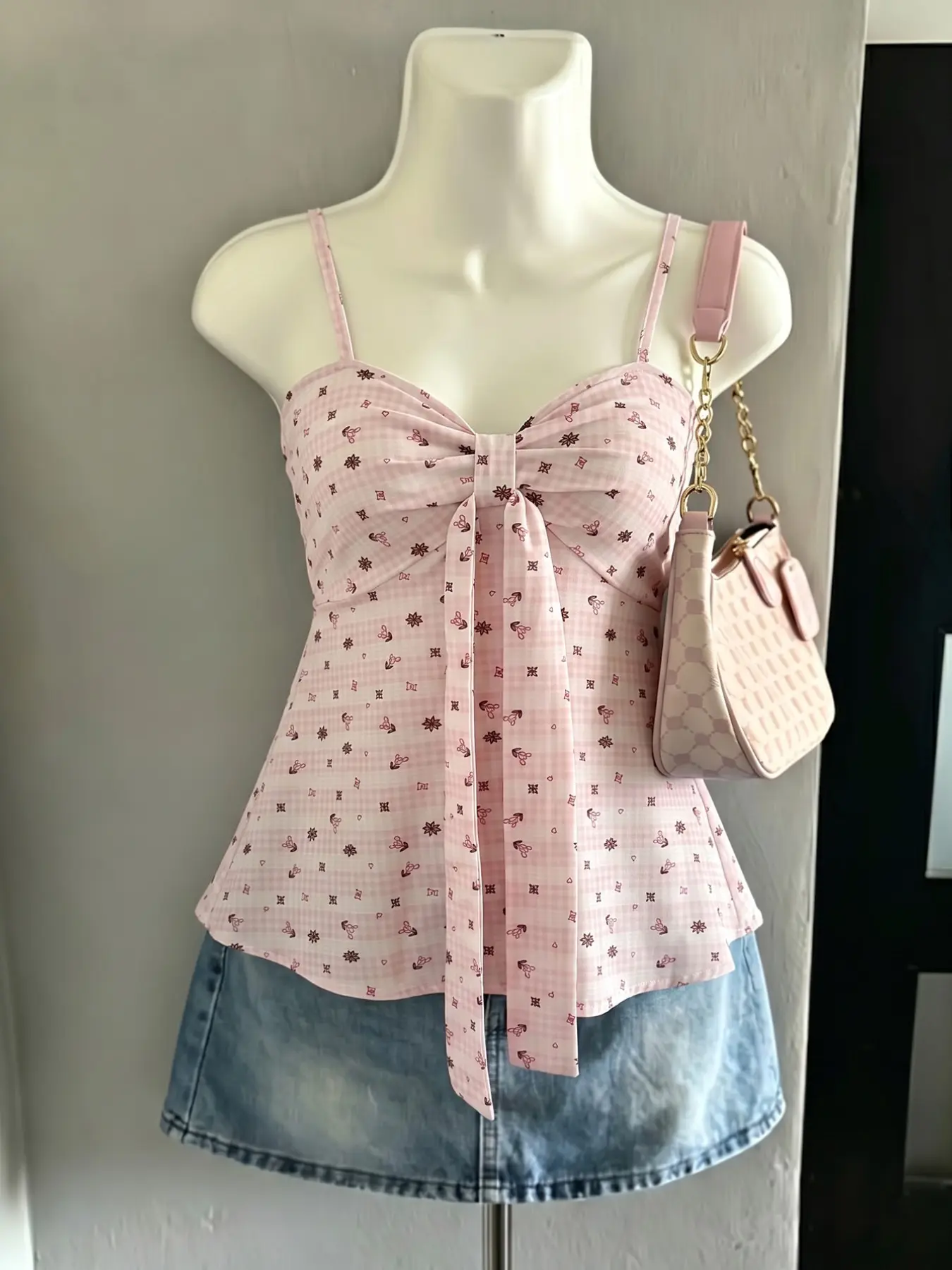 Y2K Ditsy Floral Bow Halter Top, Slimming Elegant Fashion Sleeveless Spaghetti Strap Vest for Women, Stylish Backless Design, Perfect for Daily Wear & Special Occasions