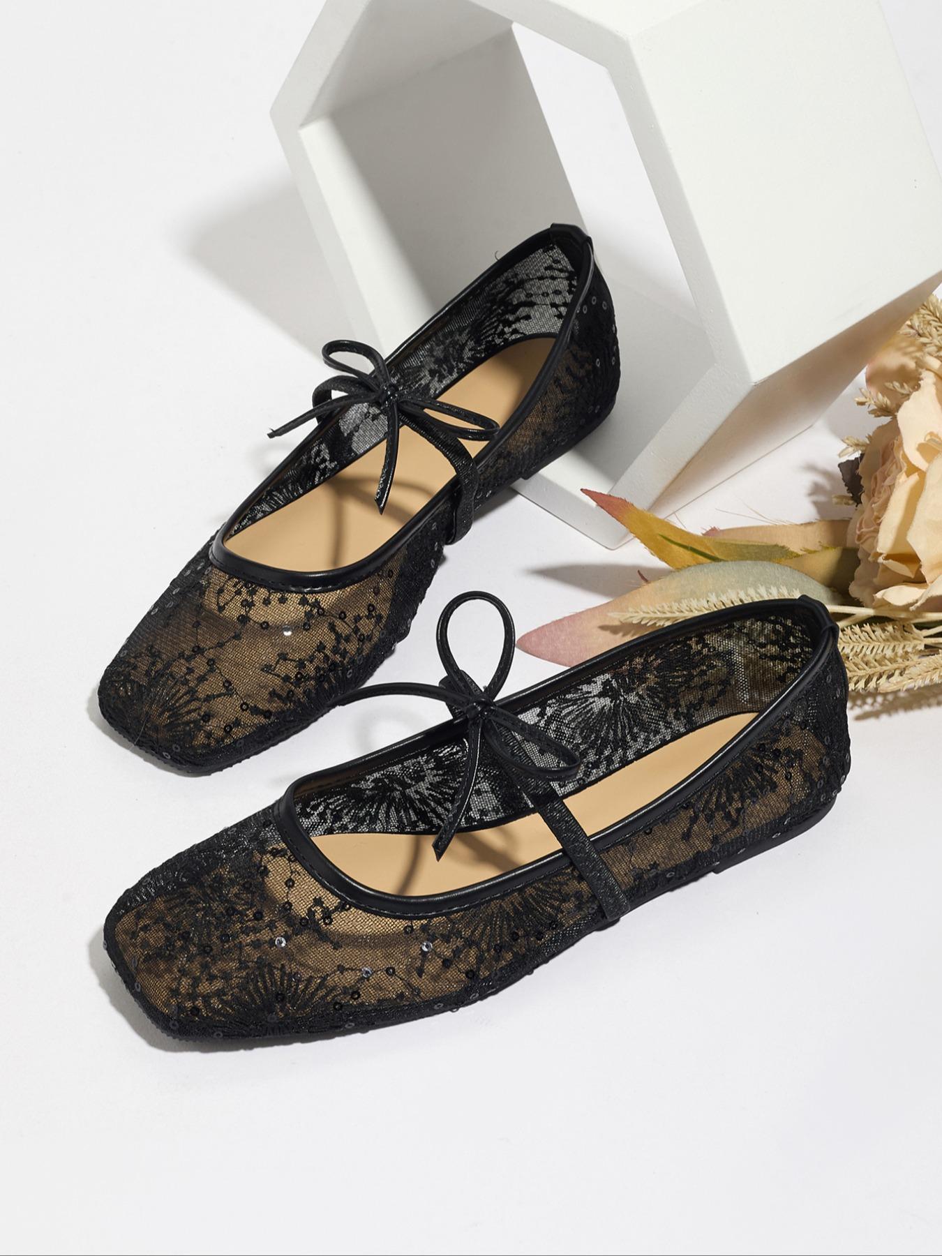 Women's Embroidered Mesh Ballet Flats, Elegant Square-Toe Flat Shoes for Parties and Daily Wear, Lightweight Breathable Comfortable Footwear for Women & Girls, Ballerina Flats Shoes