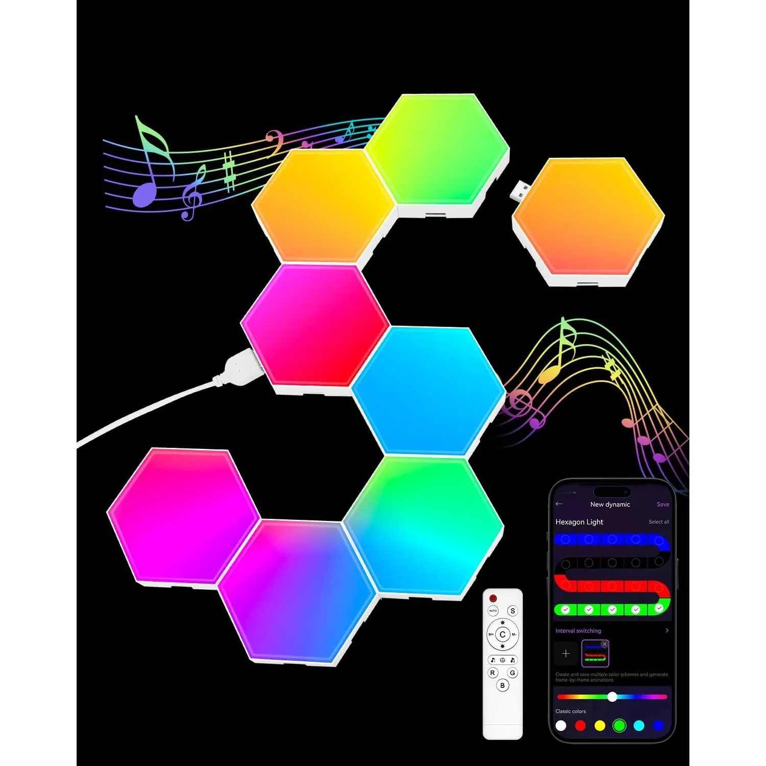 Hexagon LED Light Panels 8 Pack – RGB Wall Decor Lights with Music Sync, App & Remote – Modular Home & Christmas Decor for Bedroom, Living Room, and Room Decor