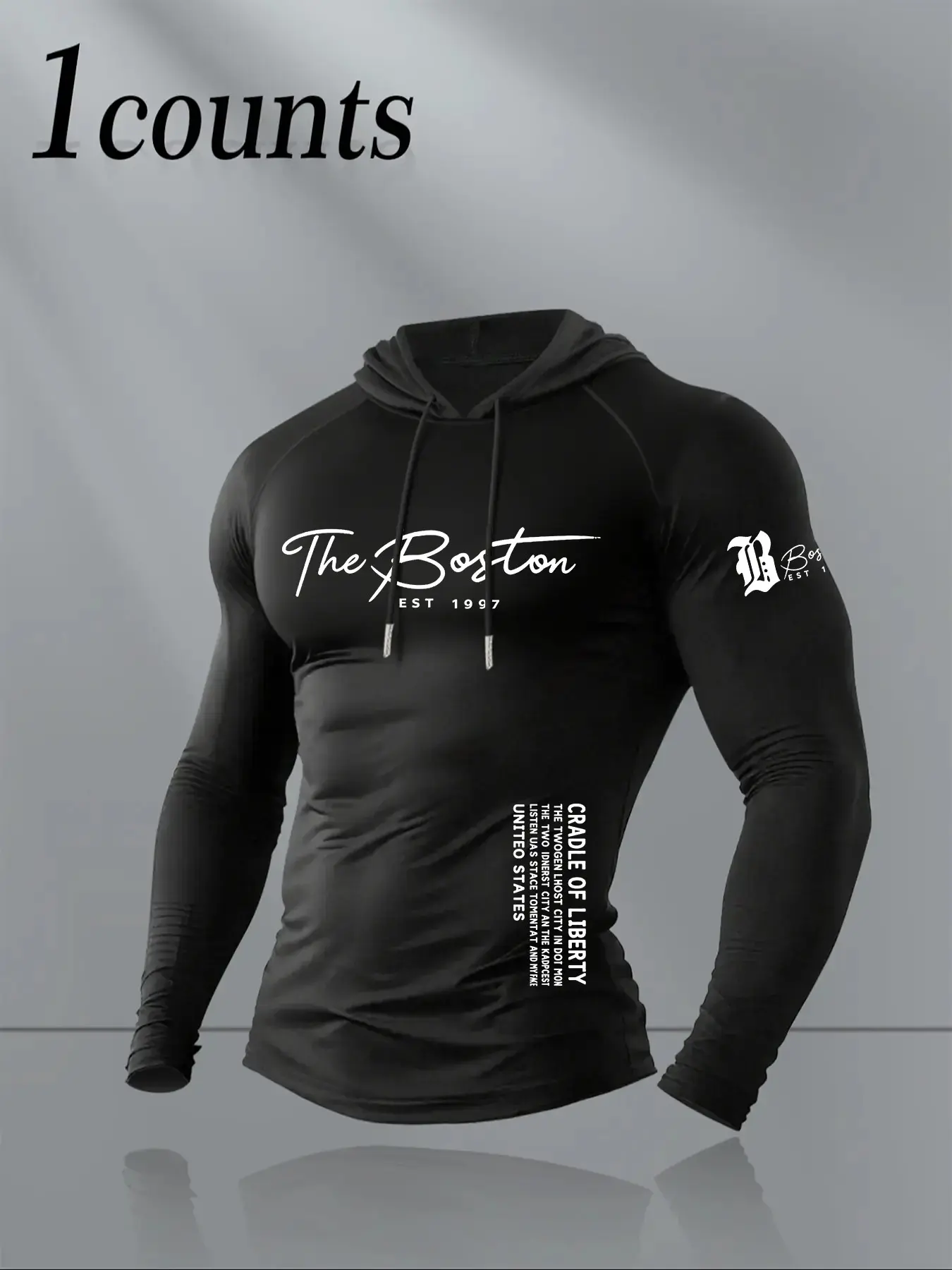 The Boston Cursive Letter Single Compression Hooded Long Sleeve, Stretch Quick Dry Casual Gym Slim Base Hoodie