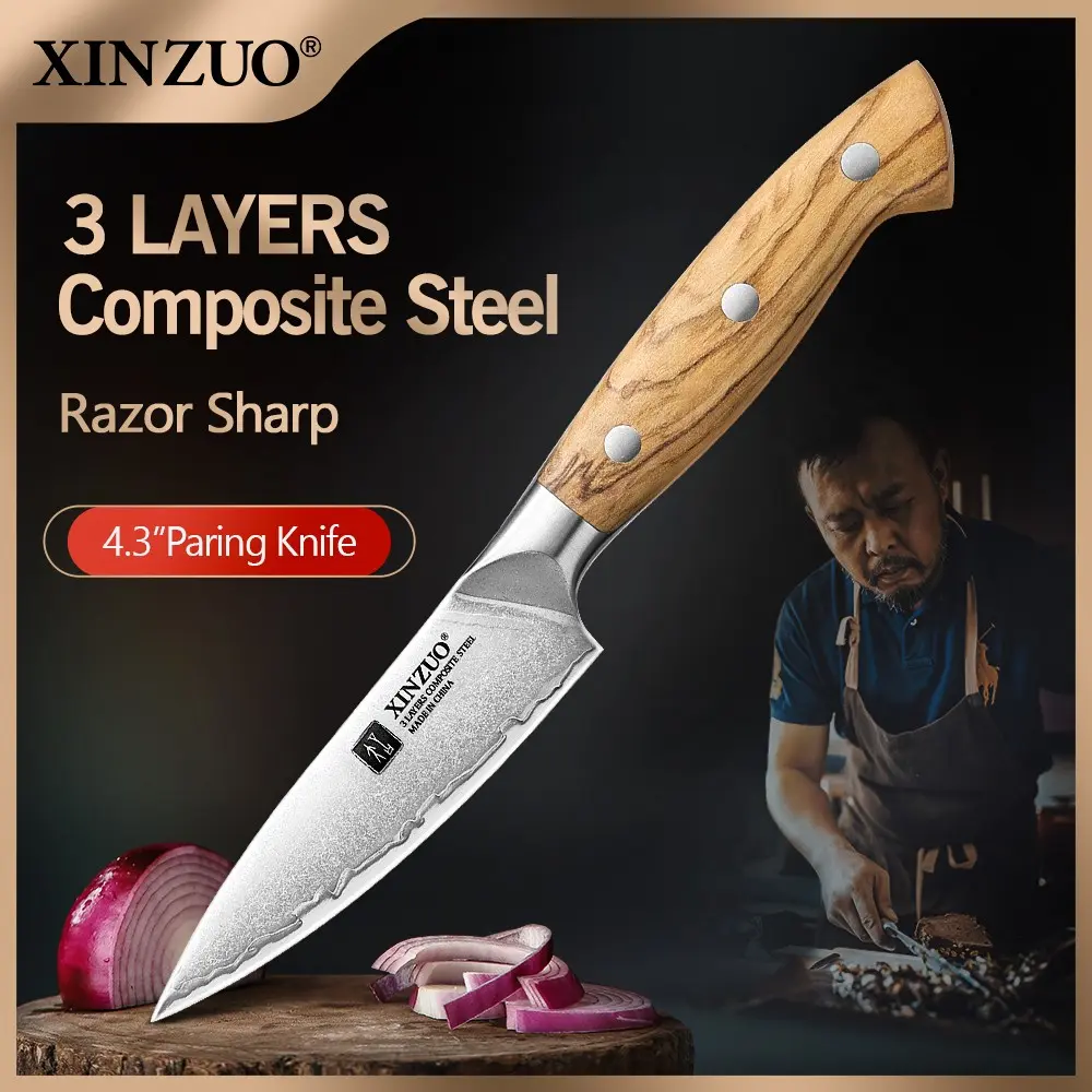 XINZUO 4.3 Inch High-End Paring Knife,Three-Layer Composite Steel,Core Hardness 60±2HRC,Stone-washing Process,Ergonomic Handle,Gift Box Packaging, Ideal for Fruits and Vegetablesp