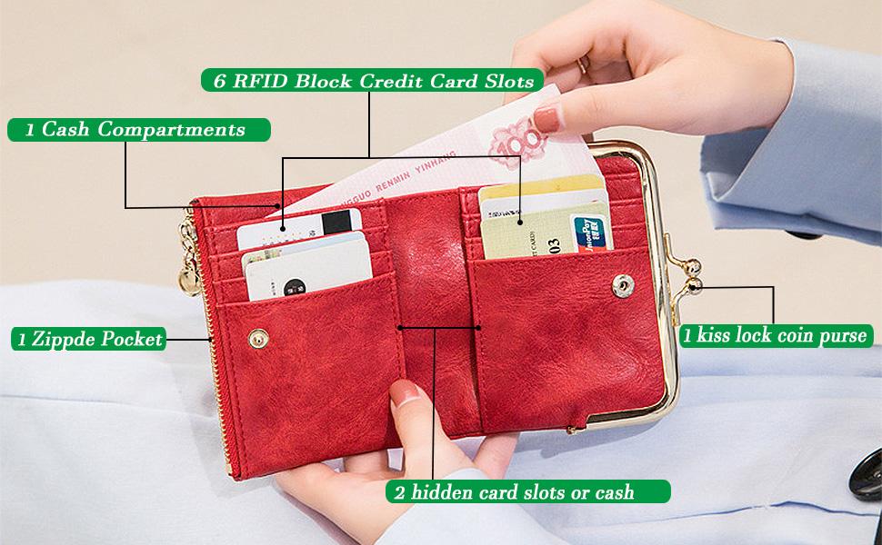 Women's Vintage Leather Wallet with Kiss Lock, Small Compact RFID Blocking Bifold Coin Purse, Ladies Money Organizer with Zipper Pocket for Cash and Cards Women's Vintage Leather Wallet with Kiss Lock, Small Compact RFID Blocking Bifold Coin Purse, Ladies Money Organizer with Zipper Pocket for Cash and Cards