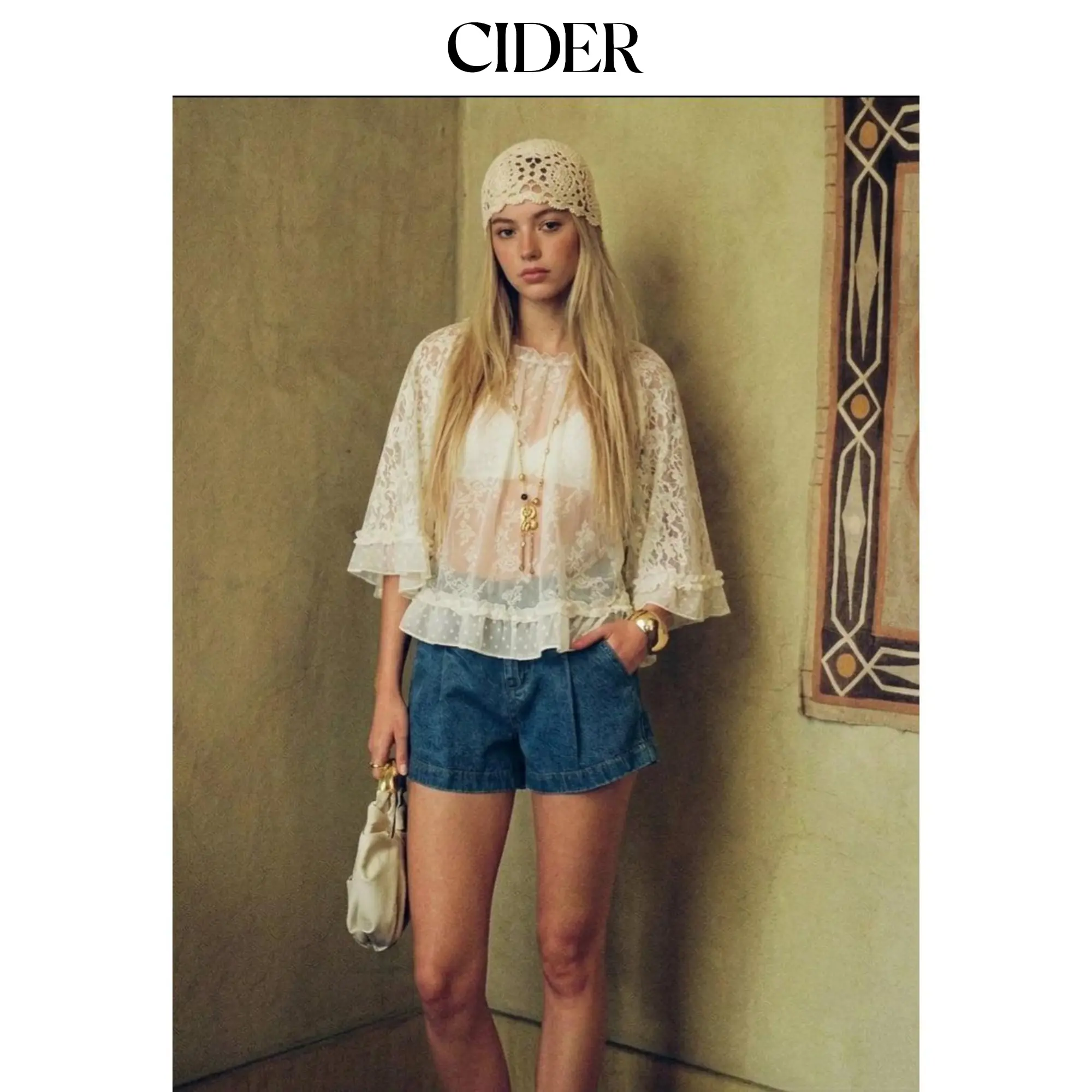 Cider Lace Ruffled Round Neck Middle Sleeve Blouse