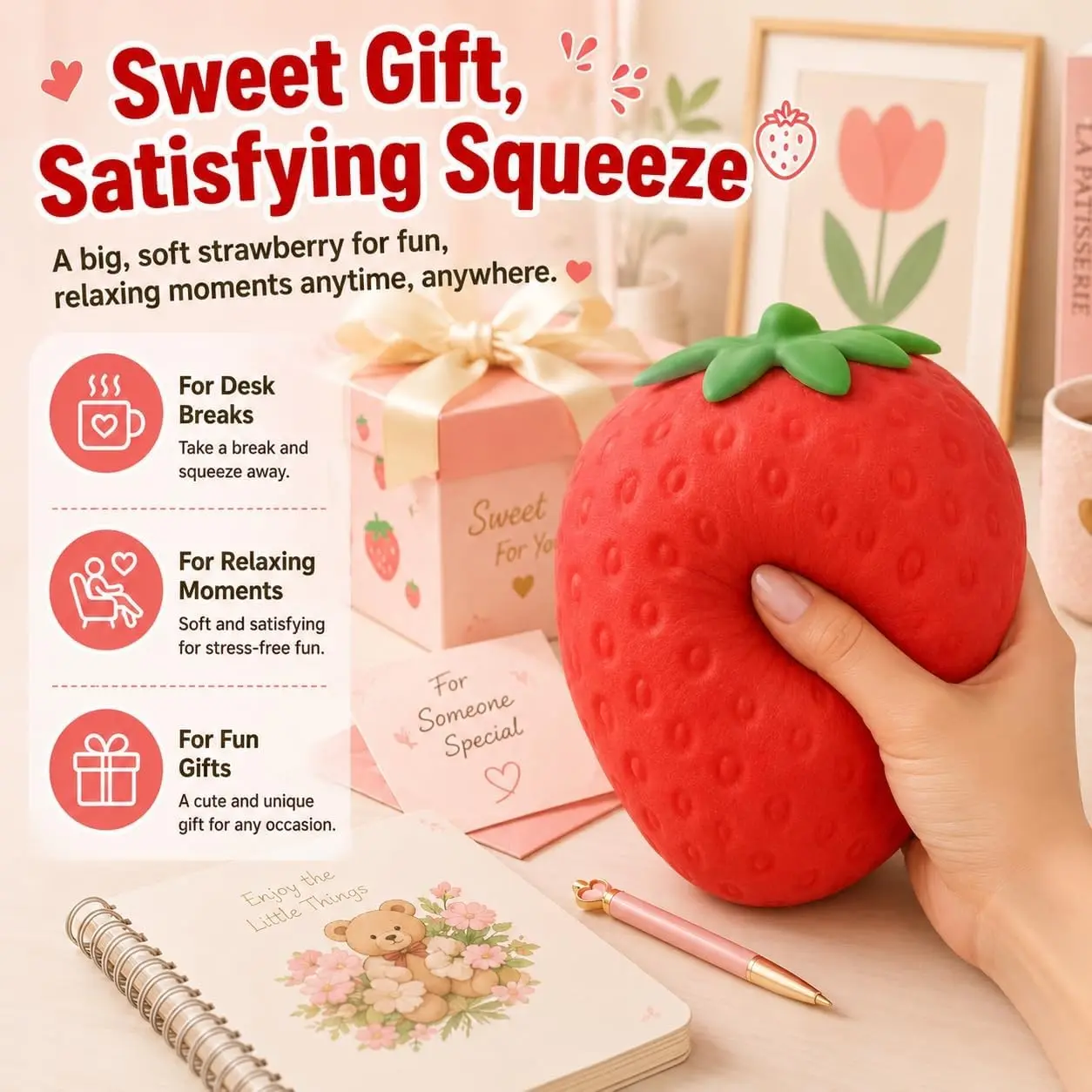Giant Strawberry Squeeze Toy, Slow Rising Sensory Soft Gel, Stress Relief and Anxiety Reduction, Large Fruit Shape Desktop Decor, Slow Rising Squishies, Squishy Stress Relief