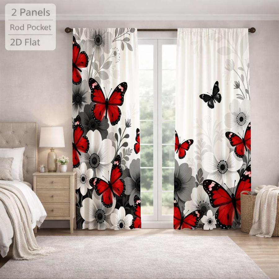 2Pcs Red Butterfly Floral Pattern Curtains Digital Printed Rod Pocket, Window Treatment For Bedroom Office Kitchen Living Room Study Home Decor