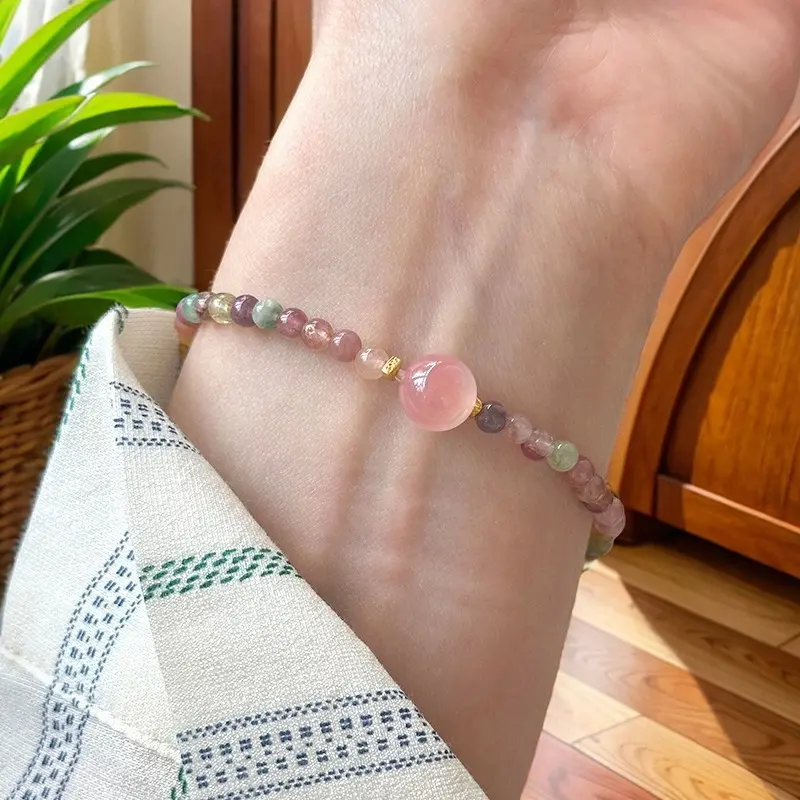 Pink Rainbow Beaded Bracelet for Women, Colorful Sliding Bead Wristband, Chinese Inspired Fashion Jewelry, Cute Dainty Accessory for Daily Wear, Summer Outfits, Party & Gift