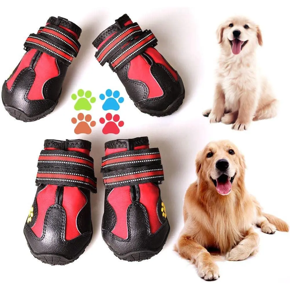 Dog Boots for Dogs Non-Slip, Waterproof Dog Booties for Outdoor, Dog Shoes for Medium to Large Dogs 4Pcs with Rugged Sole Black-Red