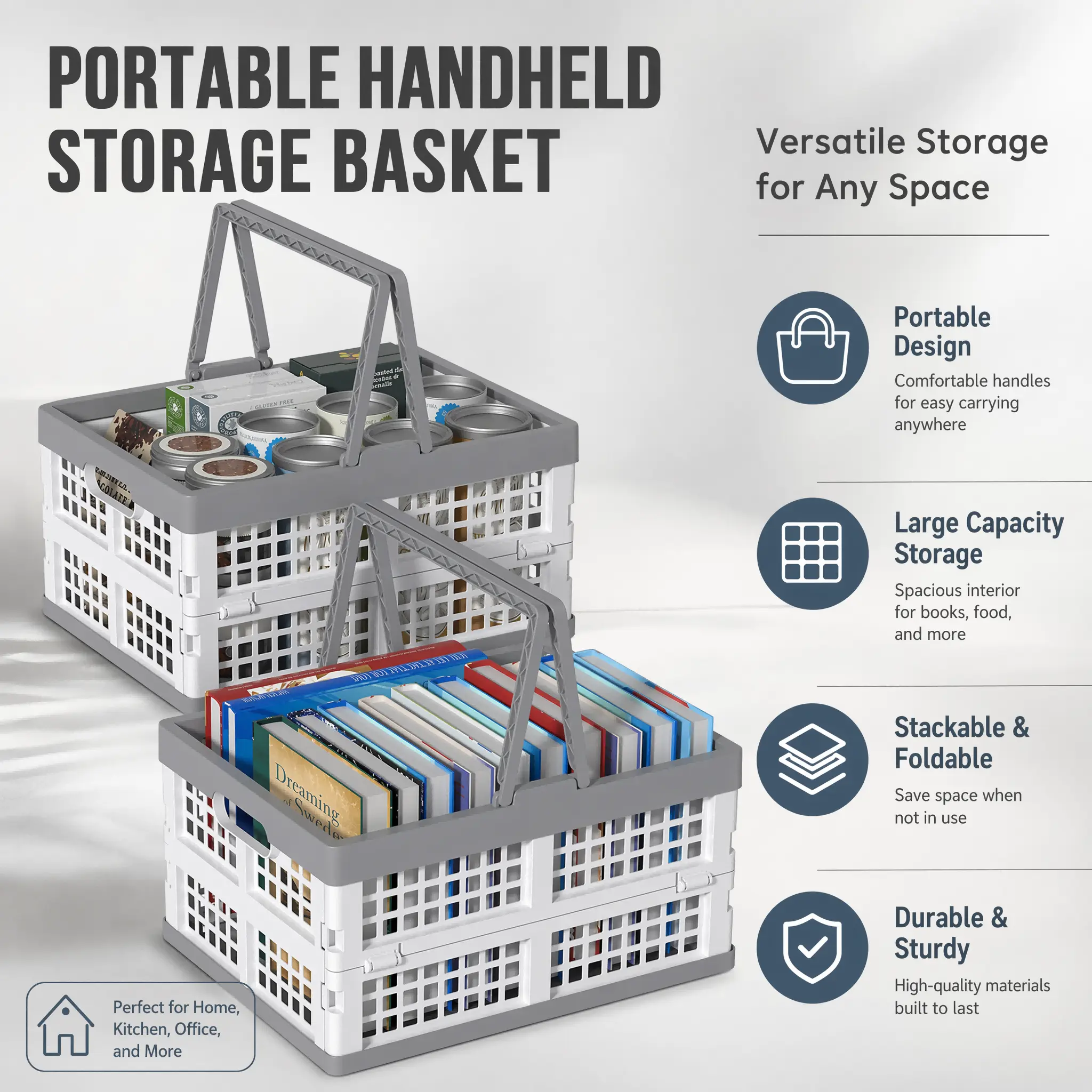 1 Pack & 2 Pack Optional Foldable Plastic Storage Crate With Carry Handle, Collapsible Portable Organizer Basket For Shopping Camping Car Trunk Kitchen Bedroom