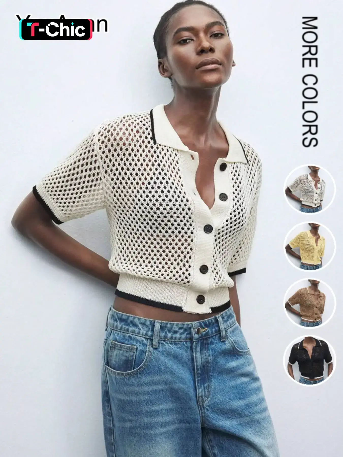 New Hollow-Out Knitwear, Women's Color-Block Short Sleeve Sweater, Elegant and Comfortable Polo Neck Top, Versatile Casual Wear