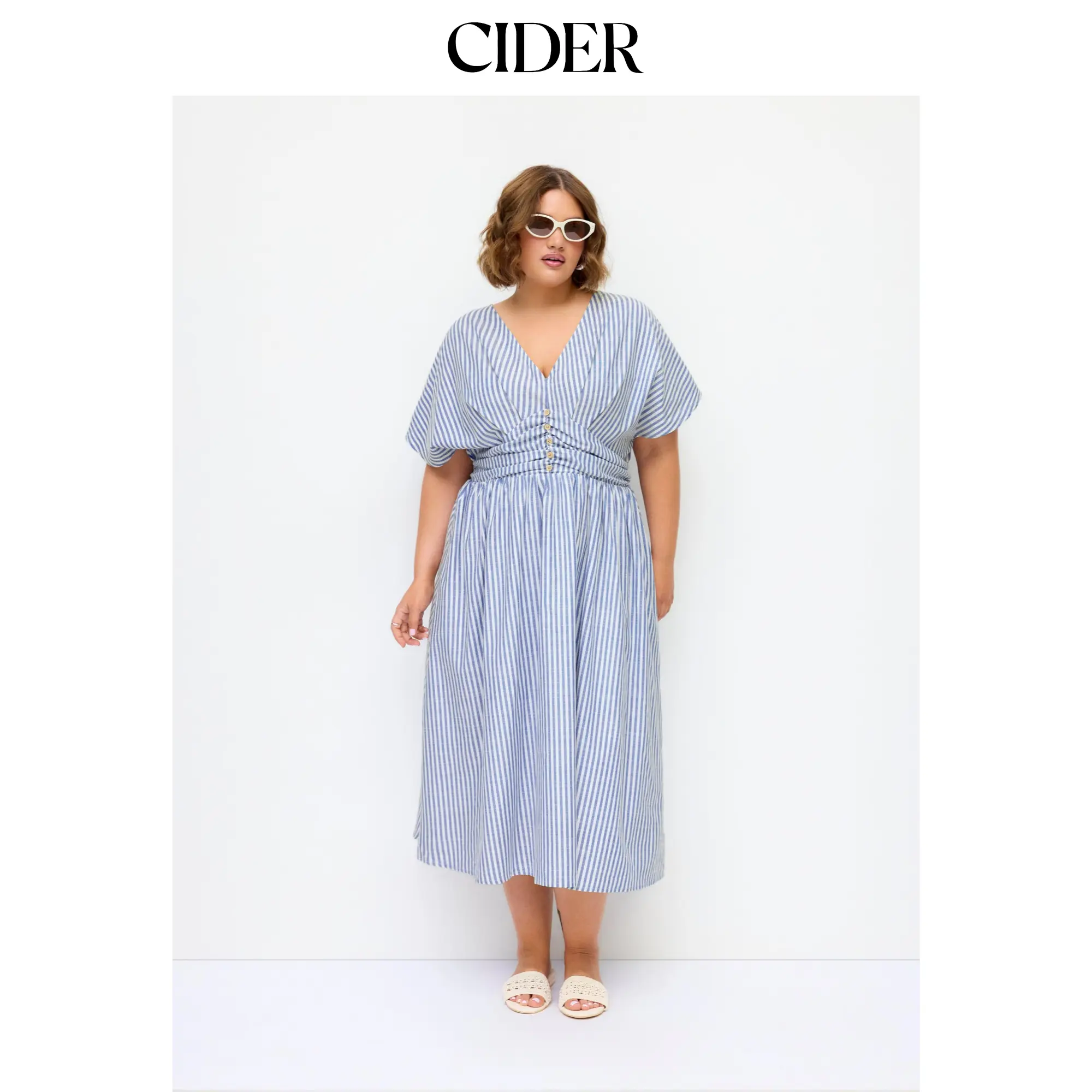 Cider Cotton-blend V-neck Striped Ruched Button Maxi Dress Curve & Plus