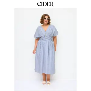 Cider Cotton-blend V-neck Striped Ruched Button Maxi Dress Curve & Plus
