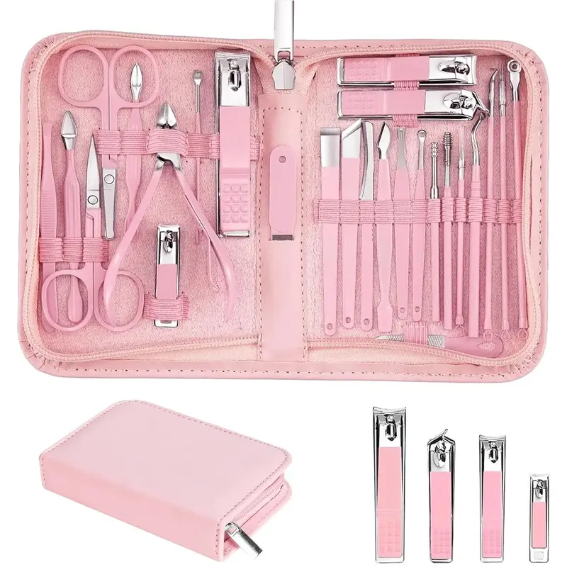 Nail Clippers Set, 26 Piece Manicure Set & Pedicure Kit, Stainless Steel Fingernail & Toenail Clipper Cutters, Professional Nail Care Tools with Luxurious Travel Case Men and Women, Pink