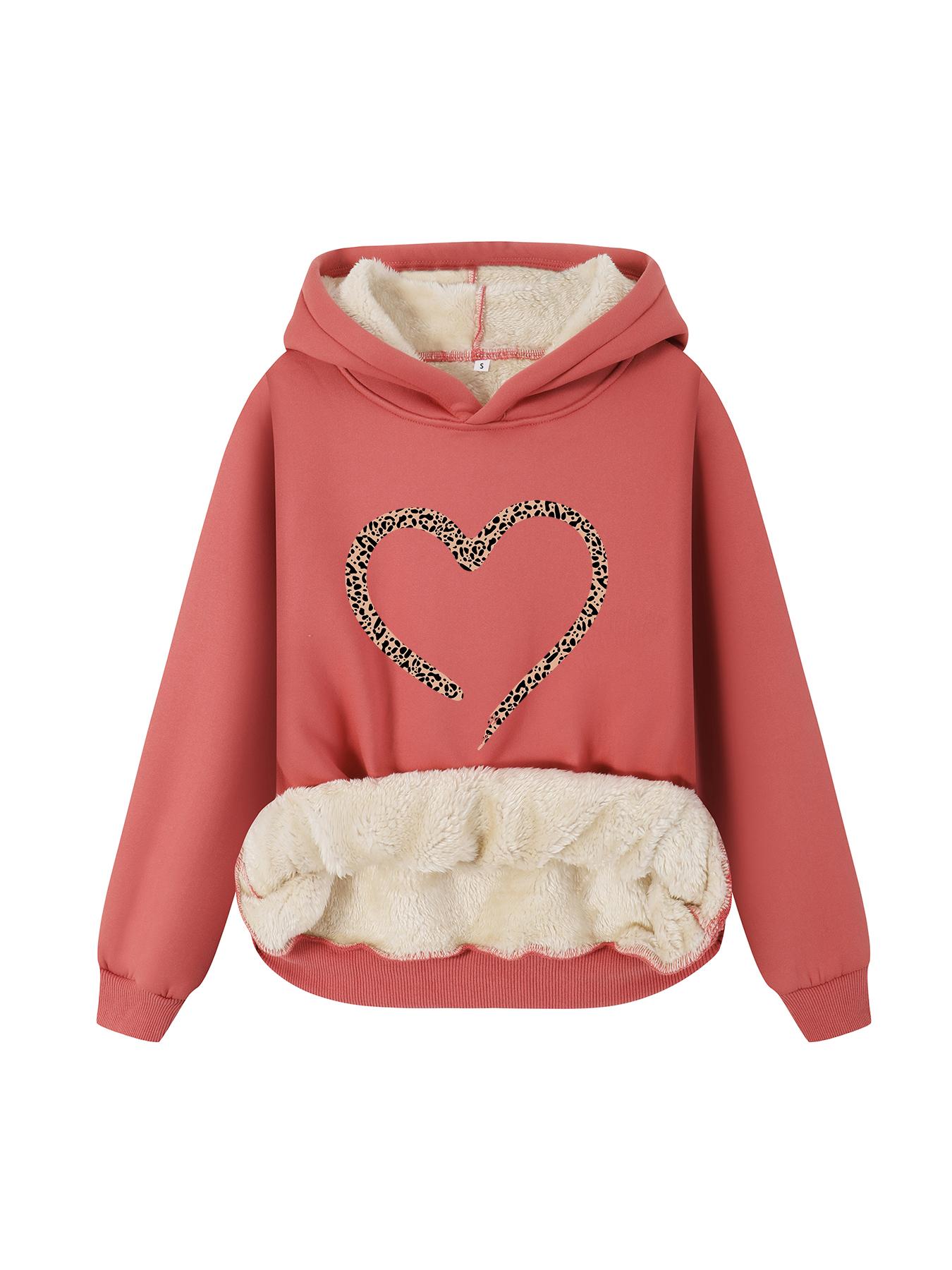 Women's Butterfly & Heart Print Plush Lined Hoodie, Casual Long Sleeve Hooded Sweatshirt for Fall & Winter,  Hoodies for Women, Women's Clothes for Daily Wear