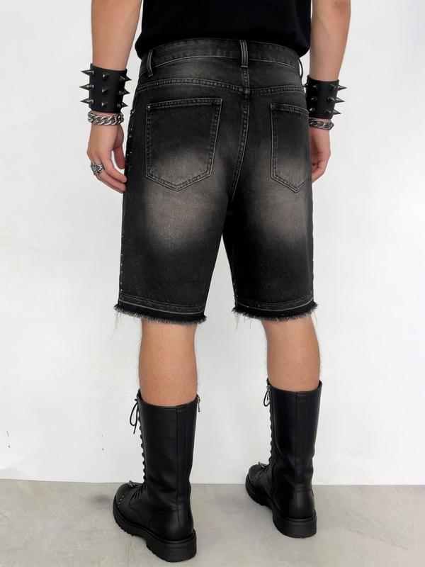 Men's shiny rhinestone-embellished denim shorts, black-gray washed denim five-point shorts, decorated with full silver rhinestones, straight-leg frayed design balances personality and versatility, Y2K street fashion shorts