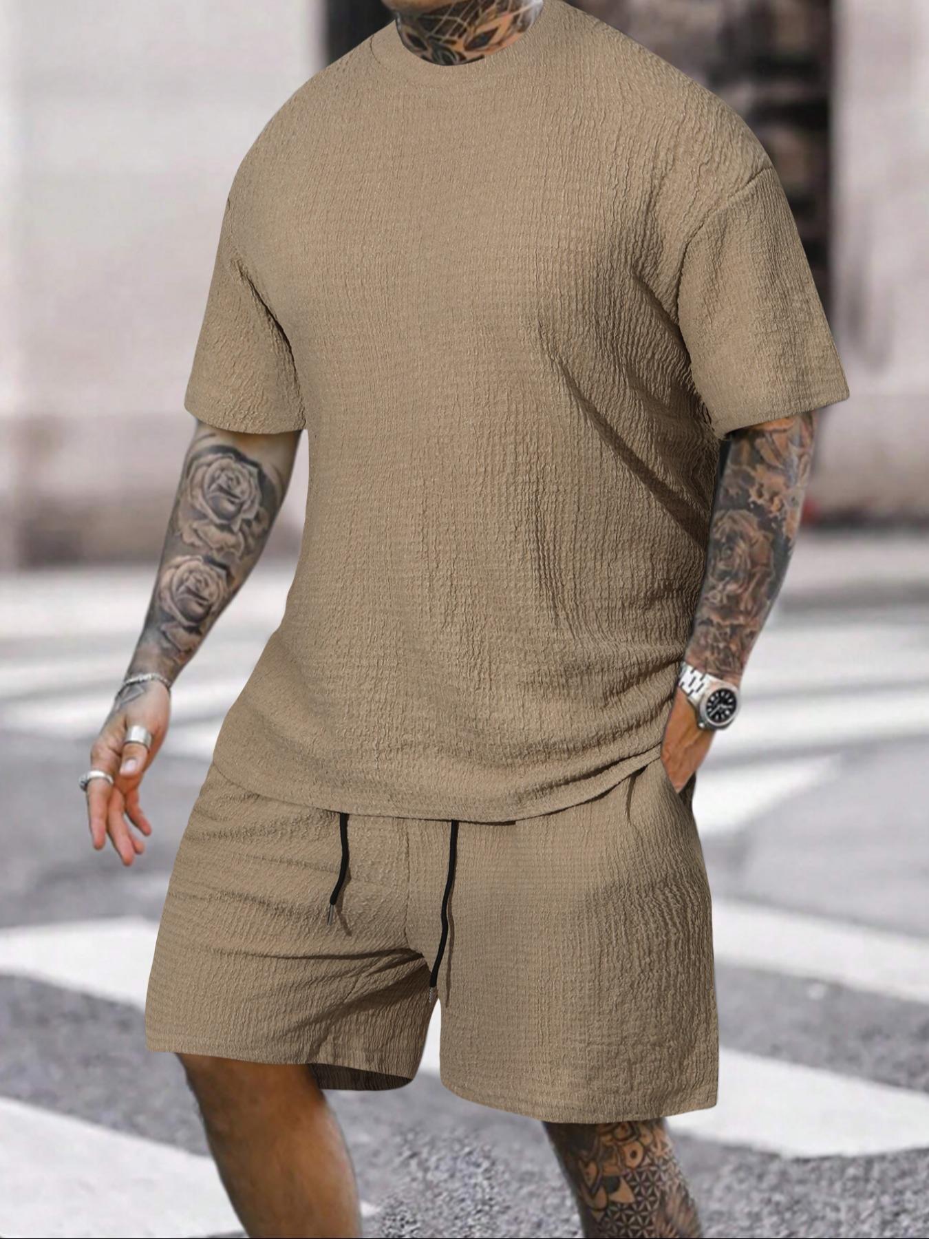 Men's Solid Textured Round Neck Tee & Drawstring Waist Shorts Pyjama Set, Short Sleeve Top & Shorts Set, Casual Comfy Men's Sleepwear & Loungewear, Menswear, Pajama Set
