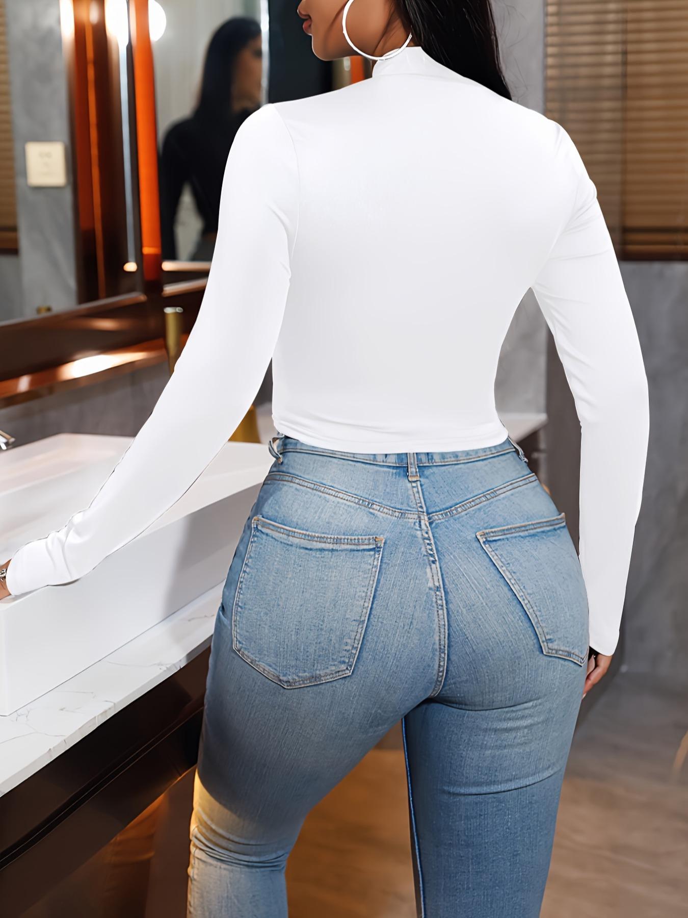 Women's Sexy Plain Mock Neck Long Sleeve Crop Tee, Solid Hook-and-eye Closure Cropped Top, Women's Top for Daily Wear