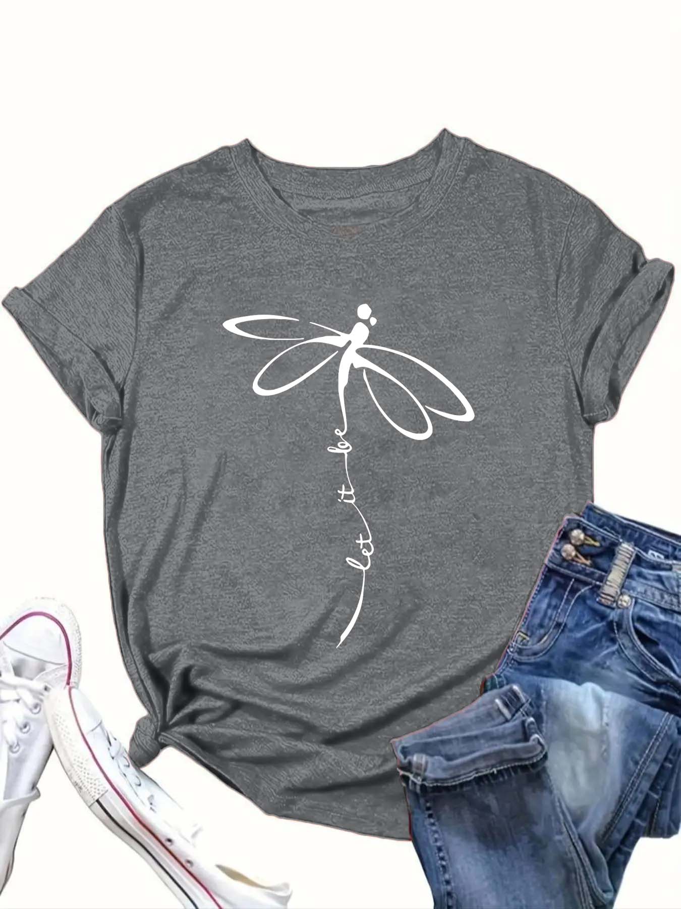 【Plus Size】 Dragonfly Print Round Neck Tee, Casual Short Sleeve Crew Neck T-shirt for Summer, Women's Clothing for Daily Wear