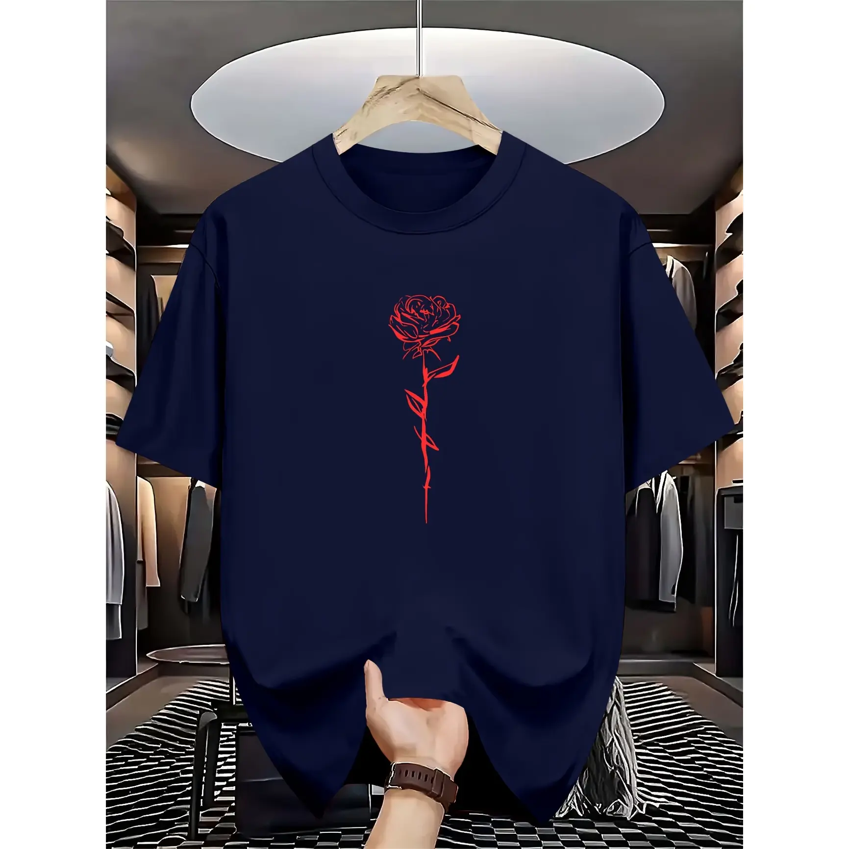 Men's Red Line Rose Graphic Cotton Oversized Short-Sleeve T-Shirt - Soft, Minimalist Tops, Summer Casual Comfort Tee, Perfect Valentine Gift for Lovers, Shortsleeve