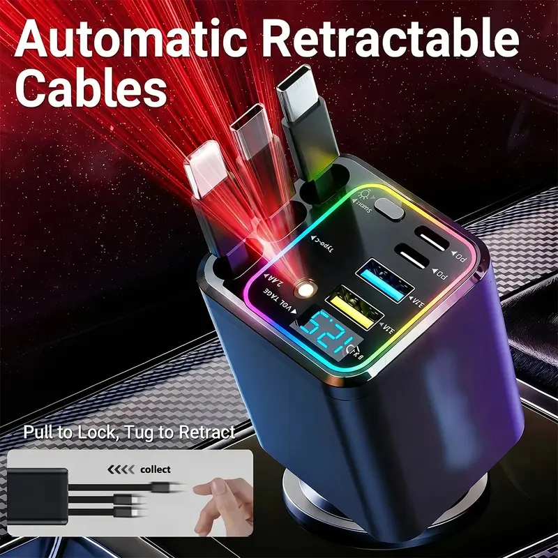 Ultimate Power Station for Phone, Pad & Laptop,Car Charger: Starry LED,Atmosphere Lamp,1-Click Galaxy Projector,Star Projector Tangle-Free Retractable Cables & Super Fast Charge,PD20W,USB-A 65W,All 120W Max,Power Hub,