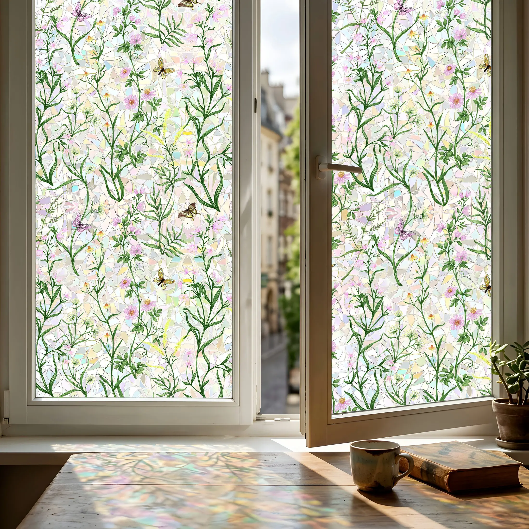 44.5cm/17.5in Wide Botanical Rainbow Static Cling Window Film, Glue-Free Water Install Privacy Glass Sticker, Translucent Floral Decorative Film with Colorful Light Effect for Home Windows, Kitchen & Bathroom
