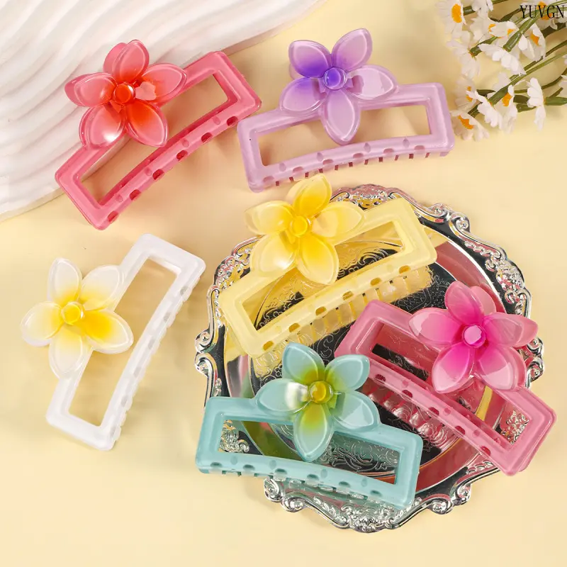 Women's 6Pcs Plumeria Floral Print Plastic Banana Claw Clips - Hollow Grip Rectangle Shape Non-Slip Barrettes, Cute Look Summer Leisure Hair Accessories