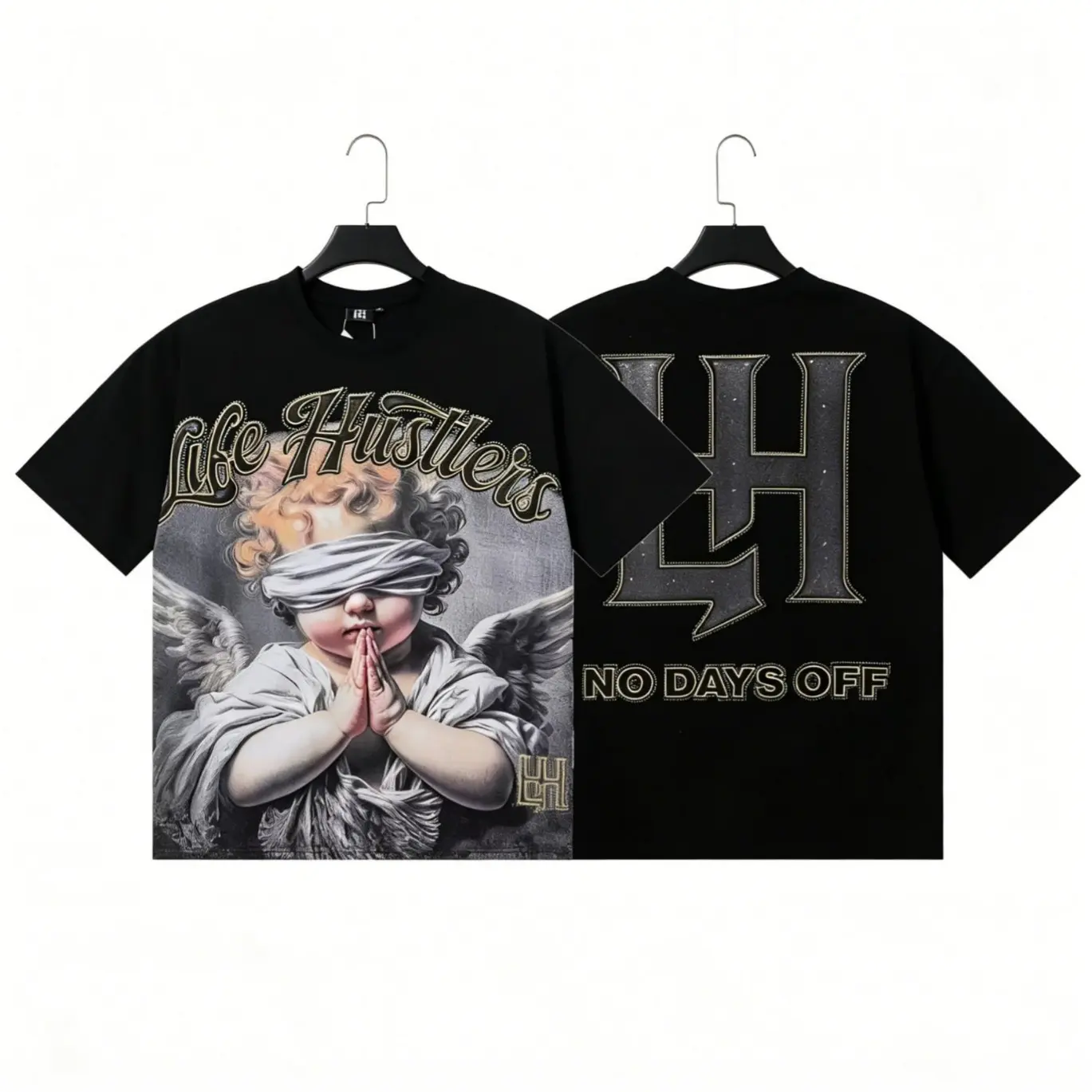 Mixed Emotion Distressed Diamond Angel Graphic T-Shirt Vintage Washed Oversized Heavyweight Cotton Rhinestone Gothic Grunge Y2K Streetwear Hip Hop Crewneck Summer Men Trendy Top