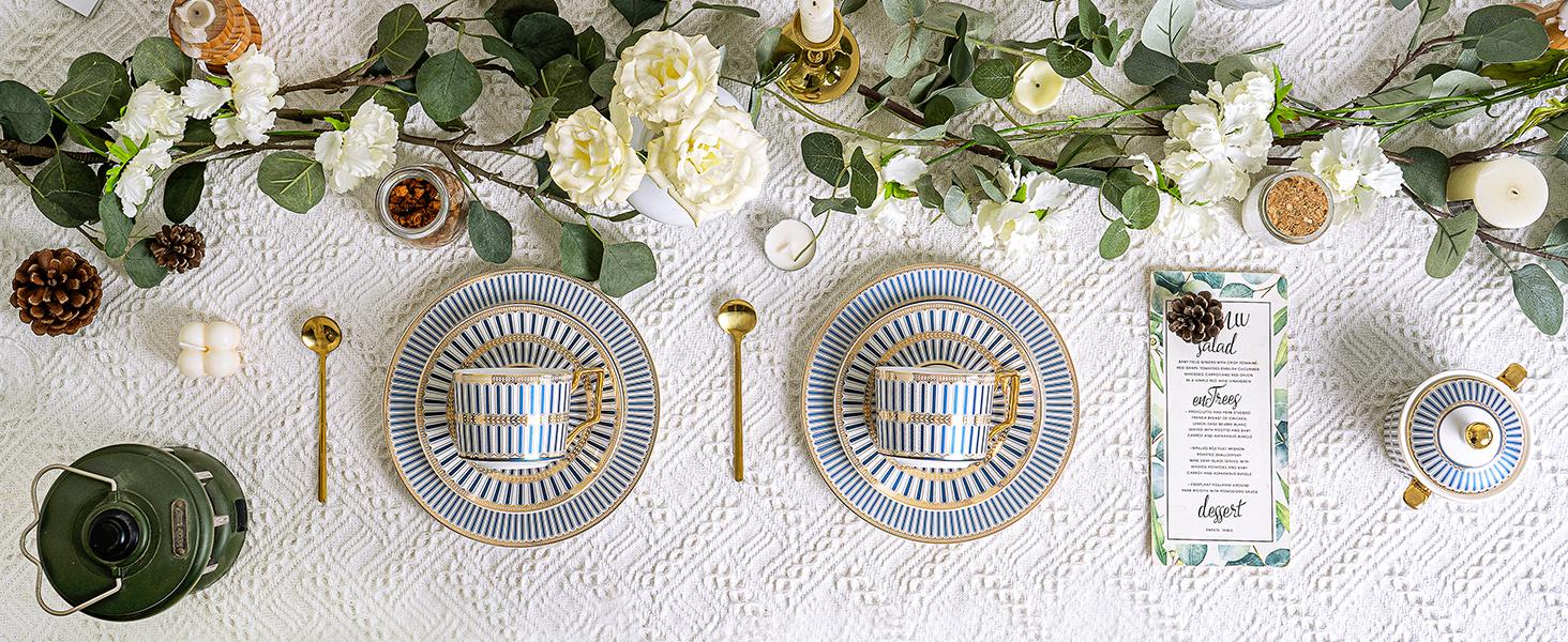 Elegant Blue White Bone China Tea Cup and Saucer Set 4-Pack Porcelain Tea Service for Afternoon Tea Women's Fine China Teaware