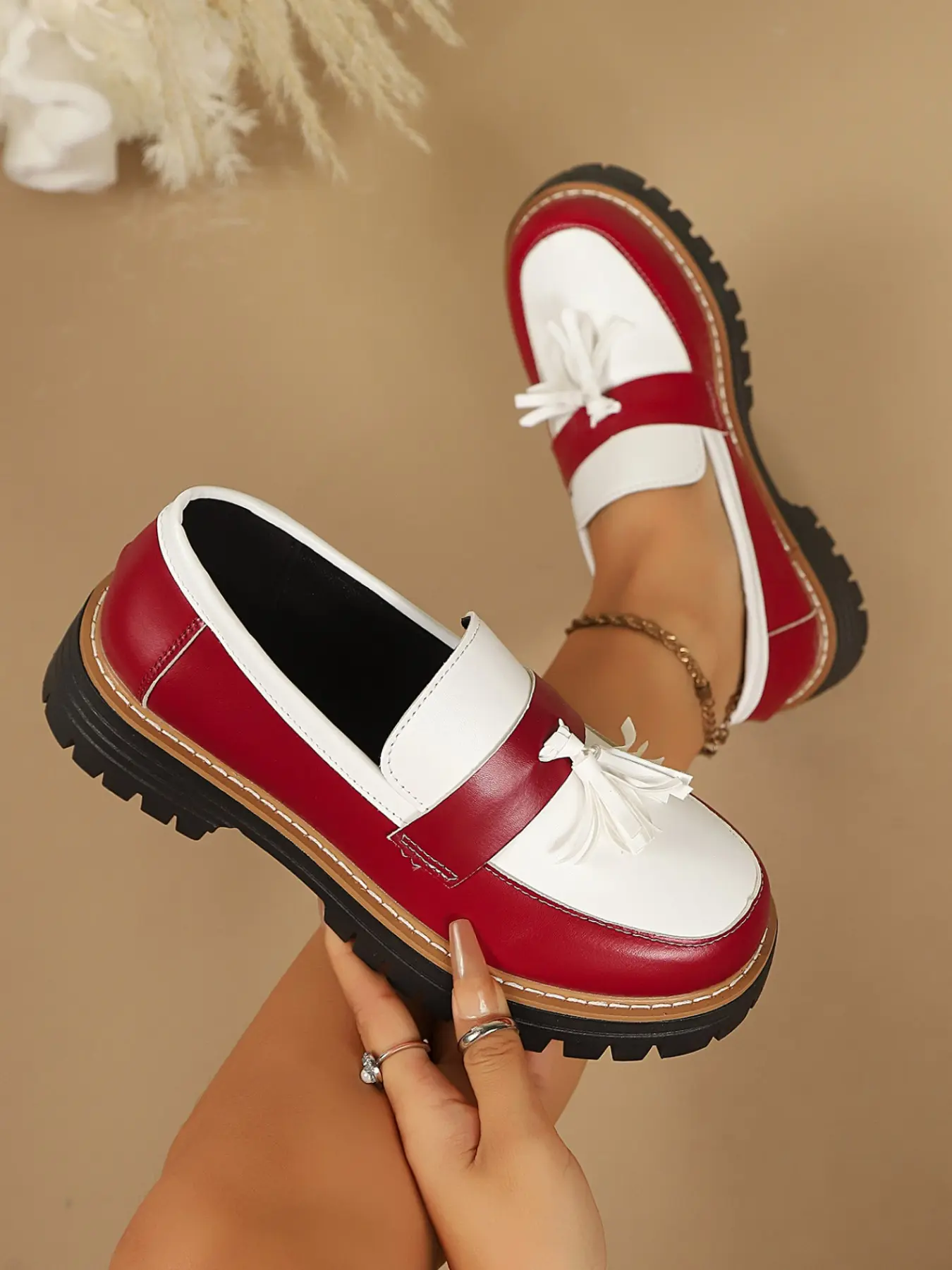 Women's Large Size Loafers, Thick Sole, Wedge Heel, Slip-On, Height-Boosting Leather Shoes, Casual Style, All Seasons