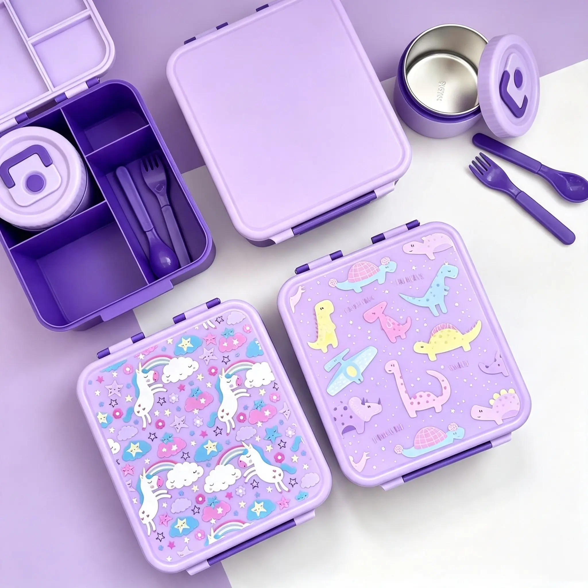 🍲🥢Kids Lunch Box Set , Bento box set with 8oz Hot Soup Thermos Cup, Multi-colored  four-compartment  Keep Food Separate  lunch container, Prevents Mixing Tastes, Leak-Proof ，BPA-Free Microwave Safe Meal Kit for Boys & Girls