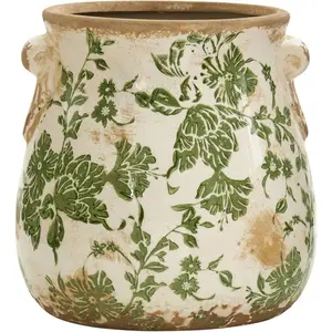 Nearly Natural 6.5in Ceramic Decorative Vase Tuscan Style Green Floral Scroll Design for Indoor Home Decor Centerpieces Tables Small Flower Vases