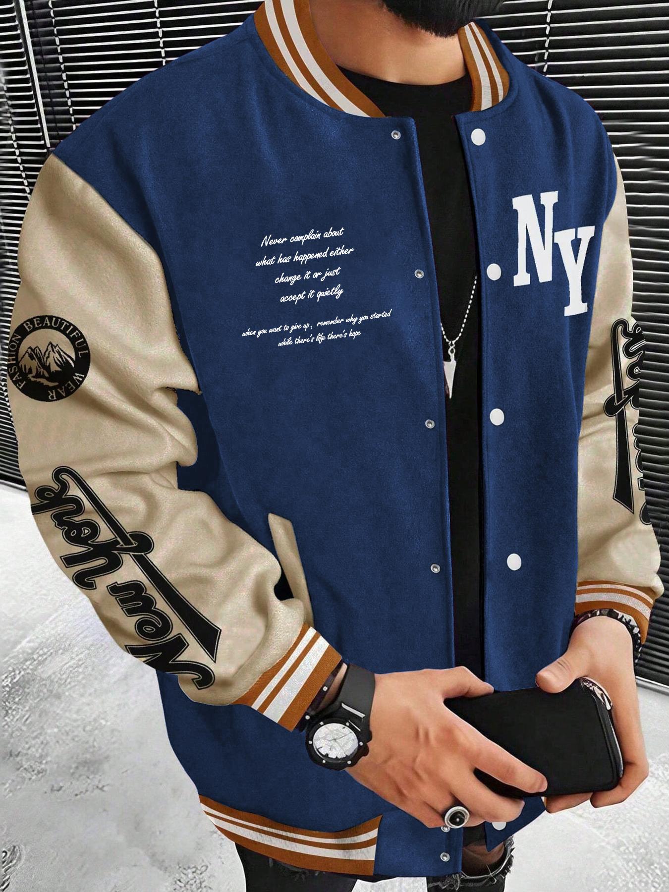 Men's Colorblock & Letter Print Button Front Pocket Varsity Jacket, Regular Fit Casual Drop Shoulder Mock Neck Outerwear for Fall & Winter, Men's Clothes for Daily Wear, Casual Athletic Jacket
