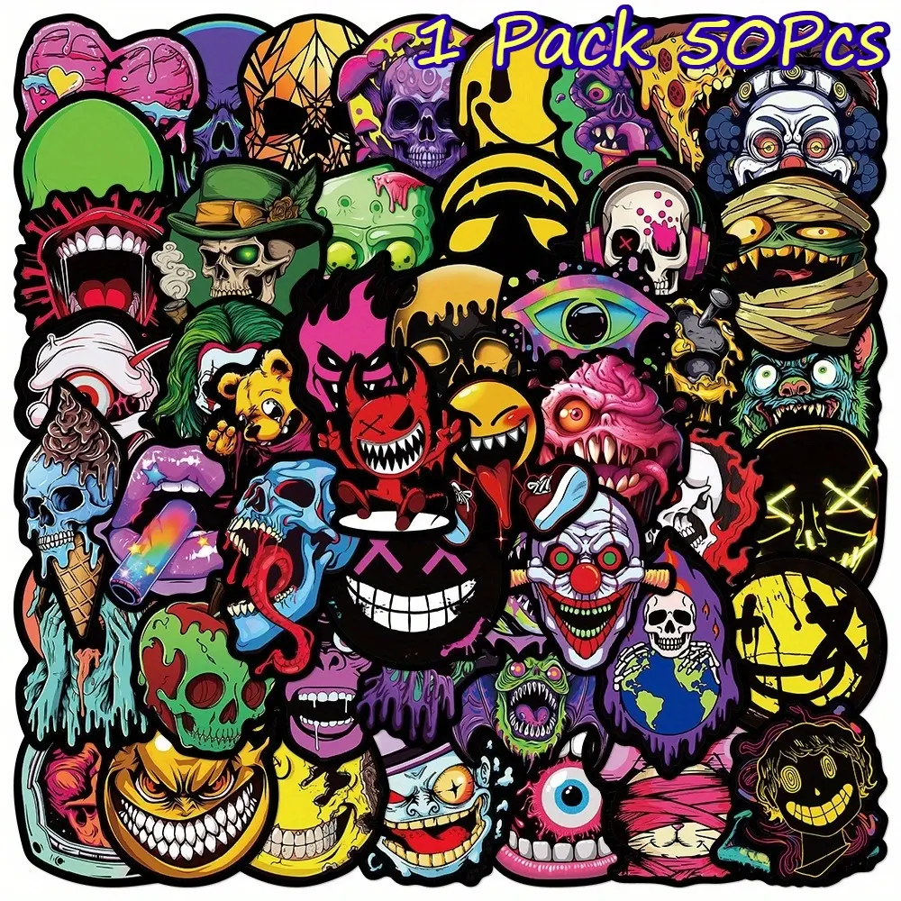 1 Pack 50Pcs Gothic Horror Skull Stickers, Aesthetic Stickers Waterproof Cool Dark Pattern Decals For Water Bottle Laptop Luggage Skateboard Decor Supplies For Adults Halloween Party DIY Craft Holiday Gift Favor For Trendy Street Style Lovers