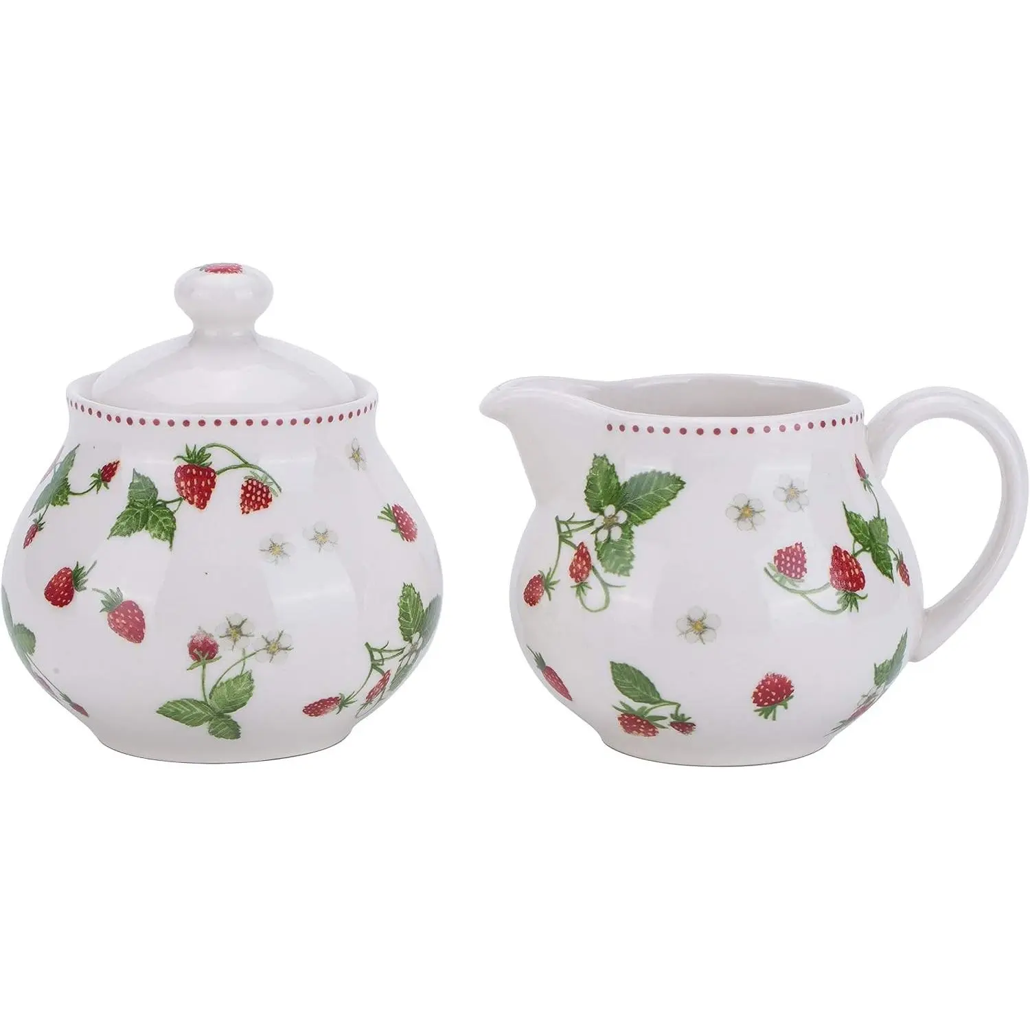 Vintage Strawberry Floral Beige Ceramic Creamer and Sugar Set with Lids, Porcelain Milk Pitcher & Sugar Bowl for Coffee Tea, Kitchen Dining Beverage Serveware