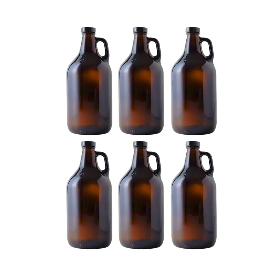 1/2 Gallon Amber Growlers (Case of 6), 64oz, Brown with 6 Polyseal Caps