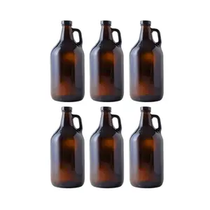1/2 Gallon Amber Growlers (Case of 6), 64oz, Brown with 6 Polyseal Caps