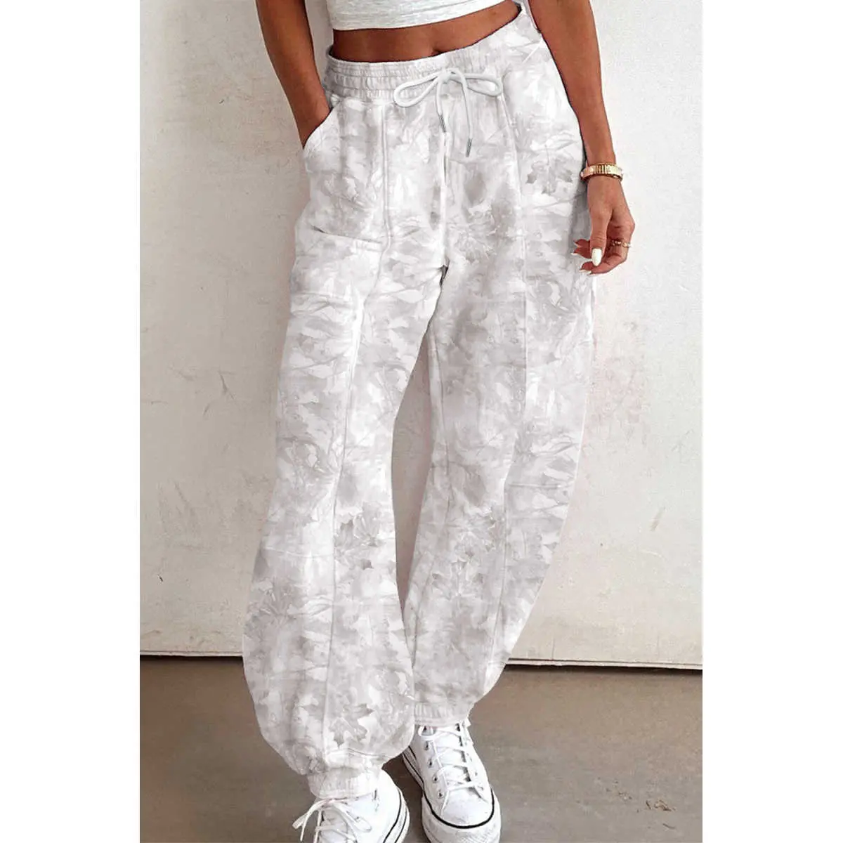 Sports & Outdoor Baggy Fit Polyester Jogger Sweatpants, Beige Camo Pattern, Drawstring Waist, for Daily Wear