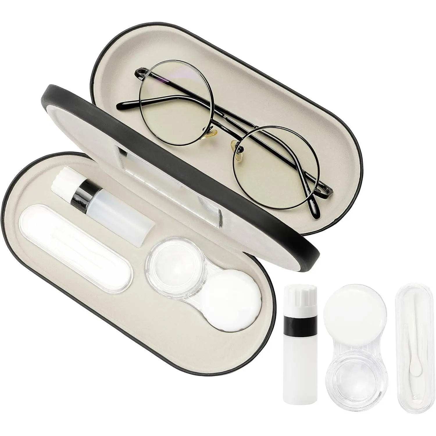 2 in 1 Compact Travel Contact Lens & Eyeglasses Case with Built-in Mirror, Portable Leather Kit Including Tweezer, Lens Remover & Solution Bottle