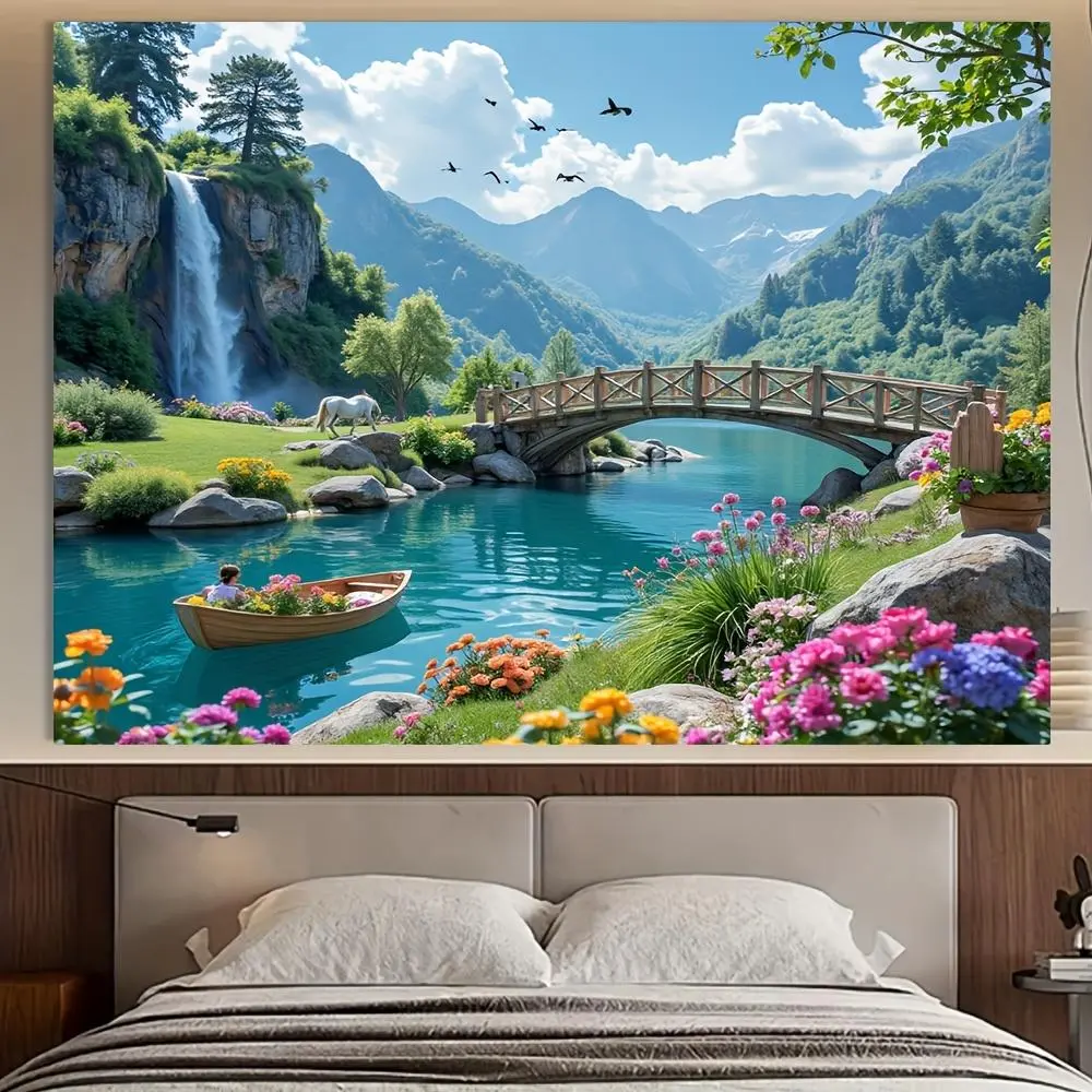 100% Polyester Durable Spring Scenery Tapestry - Hanging Wall Art with Waterfall, Lush Greenery, Serene Lake & Bridge, Light Gift for Home Holiday Decor