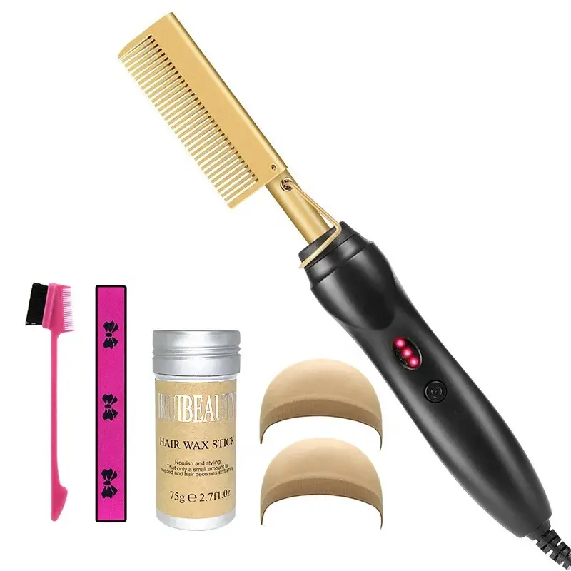 Electric Hot Comb Set, 5-in-1 Wig Styling Kit for a Smooth Finish | Fast Heating, Adjustable Temperature & Dual Voltage for Travel | Lightweight & Portable Design, Flawless, Brush, Elastic, Hair Tools, Plastic Handle