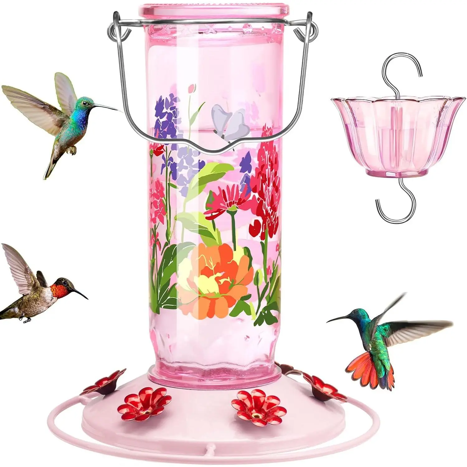 Patterned Glass Hummingbird Feeder with 6 Ports, Ant Moat, Glass Body, Hanging Hook - Outdoor Bird Nectar Feeder Gift for Bird Lovers