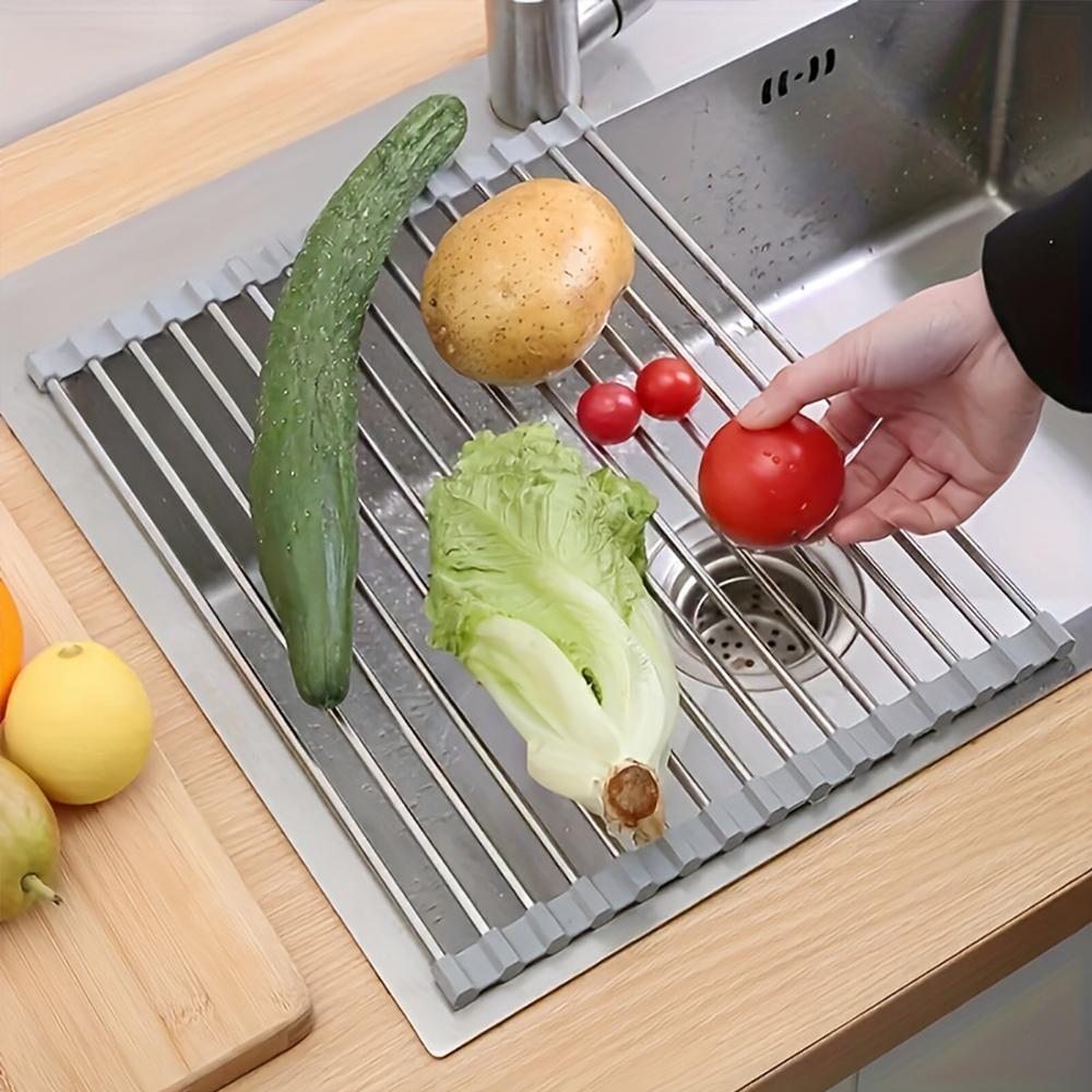 Stainless Steel Silicone Roll Up Over The Sink Dish Drying Rack, 1 Count Multifunctional & Portable Kitchen Drainer Rack, Dish Drying Organiser, Kitchen Accessories