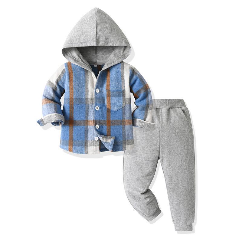 Toddler Boys Plaid Hooded Shirt & Khaki Sweatpants Set, Fashionable Long Sleeve Button-Down Top with Pocket, Comfortable Joggers for Kids, Perfect for Autumn/Winter Daily Wear & Outdoor Activities