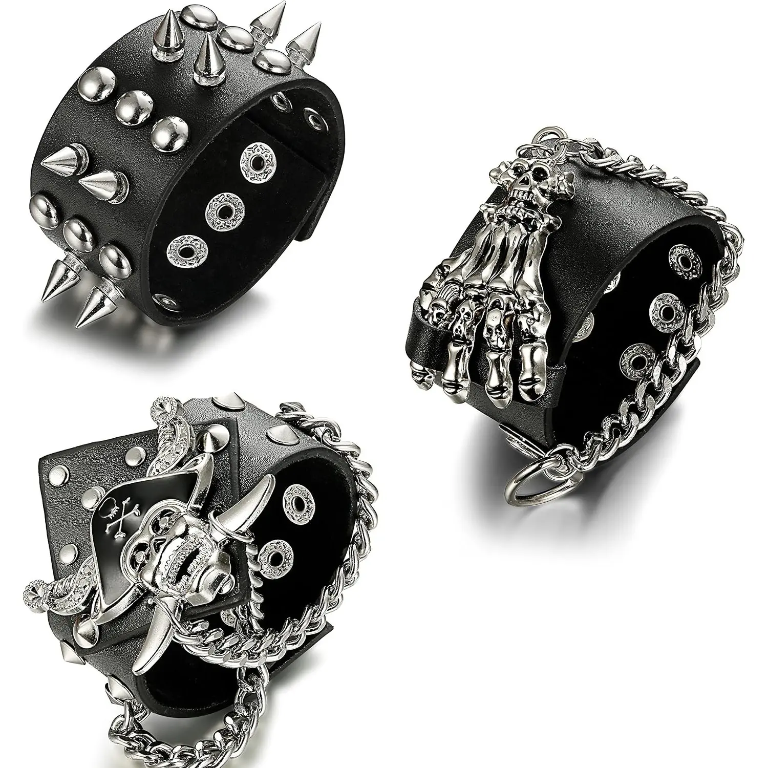 Unisex 3-Pcs Punk Biker Leather Bracelet Set - Gothic Rivets Studs Adjustable Size Snap Clasp Wristband, Halloween Gifts Costume Jewelry for Men Women Streetwear, Unisex Wear