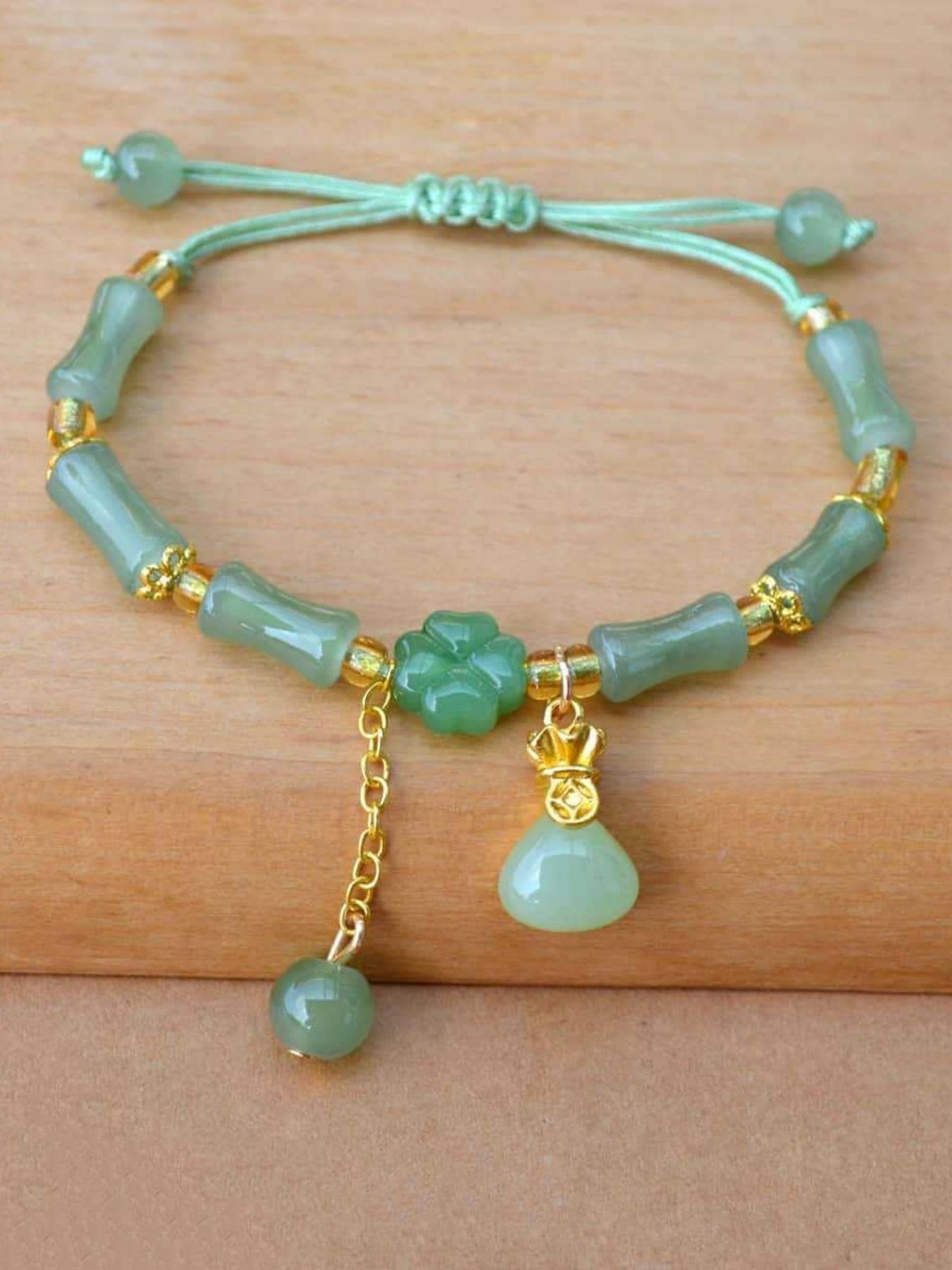 Chinese Style Four Leaf Clover Design Beaded Bracelet, Flower Design Bracelet, Fashion Resin Glass Bead Bracelet for Women for Party, Daily Clothing Decor, Trendy All-match & Exquisite Jewelry for Birthday Gift